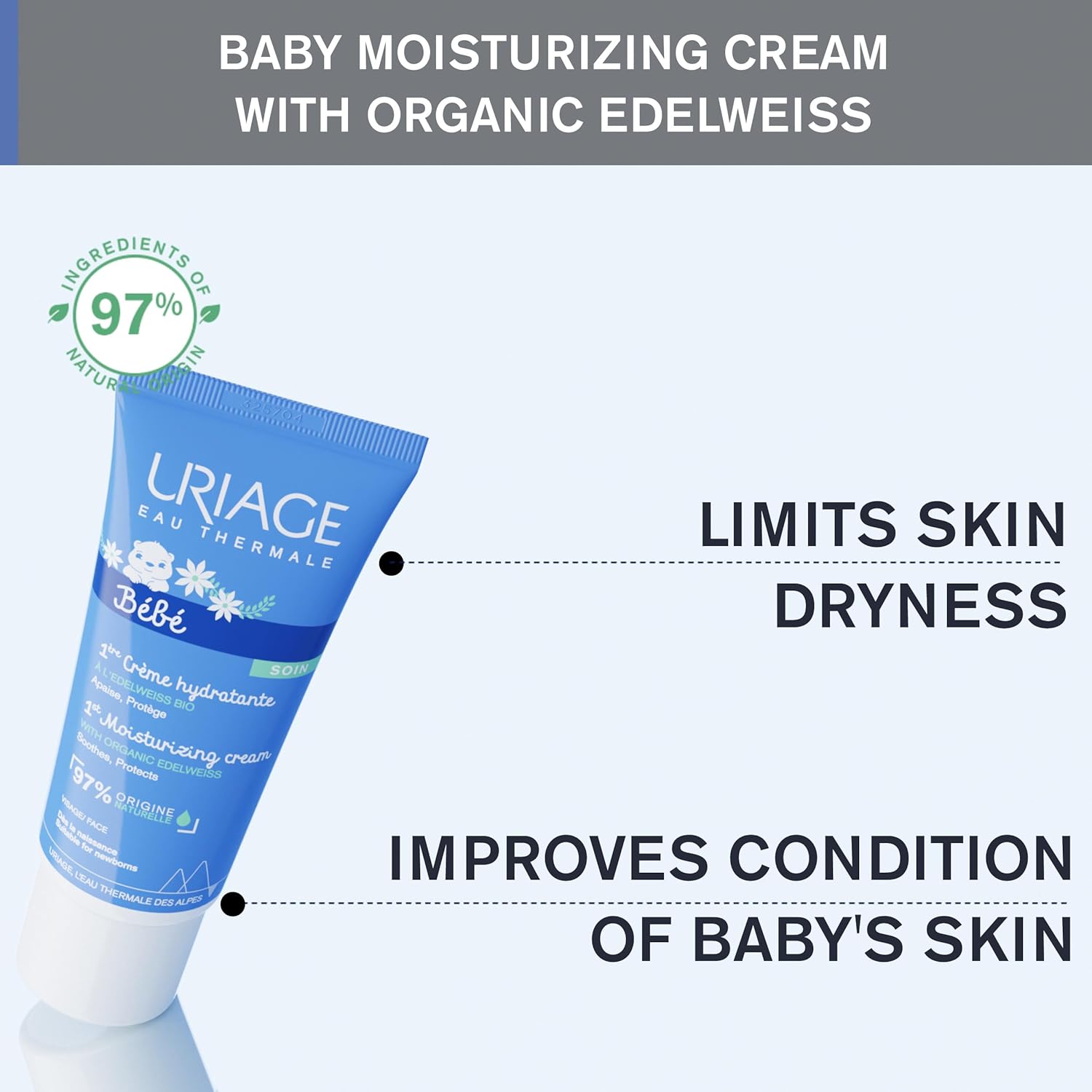 Uriage Baby Face Moisturizing Cream with Organic Edelweiss & Shea Butter, Hydrates & Prevents Dryness, Fast-absorbing & Non-sticky, 97% Igredients of Natural Origin - Image 3