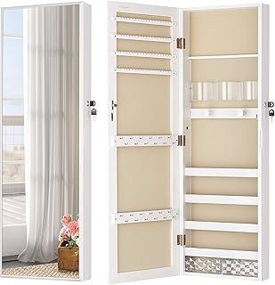 LUXFURNI Mirror Jewelry Cabinet Wall-Mount/Door-Hanging Armoire, Full Length Mirror Lockable Makeup Storage Organizer w/Co...