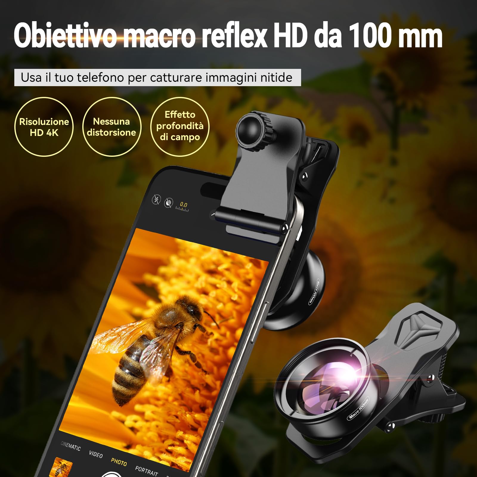 Apexel - Obiettivo macro HD a clip per fotocamera del cellulare, 100 mm, per iPhone X/8/8Plus/7/Plus, Samsung Galaxy S10/S10 Plus, Huawei e la maggior parte degli smartphone
