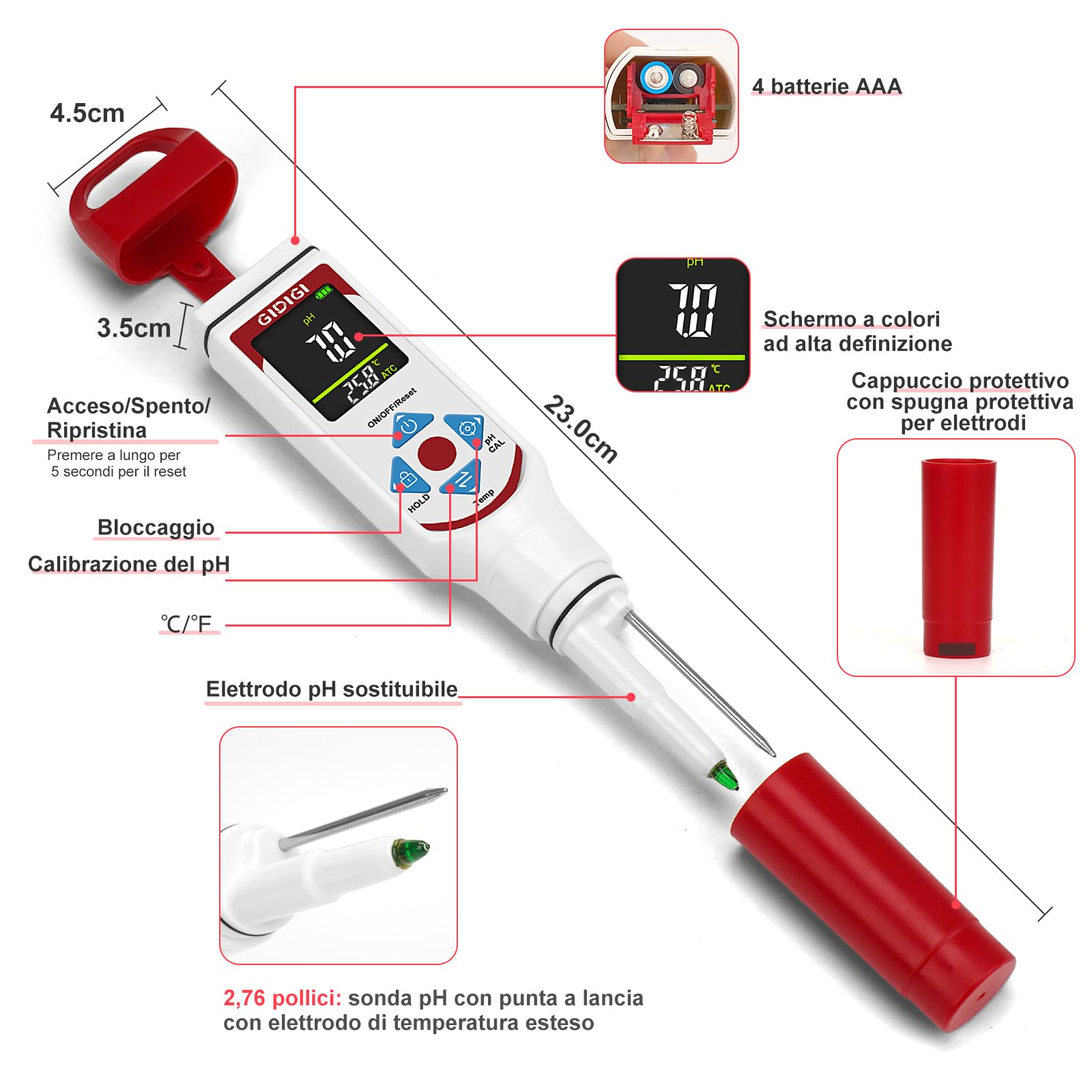 Misuratore di pH per la fermentazione alimentare, display a colori punta a lancia tester di pH per alimenti con ATC per cosmetici, lievito madre, Carne, formaggio, prodotti in scatola，Sottaceto