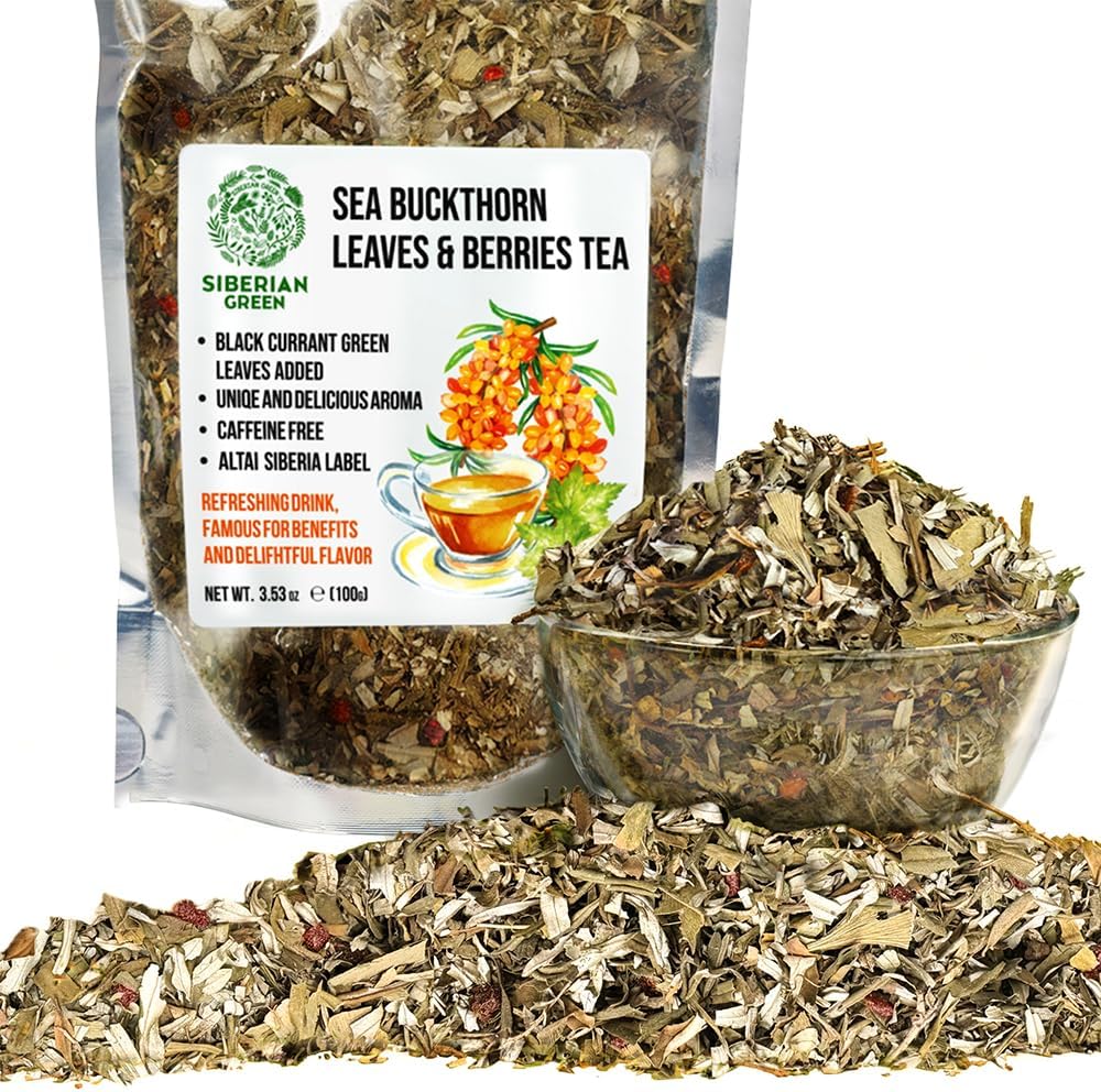 Siberian Green Sea Buckthorn Tea 100g (3.53 oz) w Black Currant leaves Sun Dried Leaves Hippophae Wild Harvested Altai Mountains