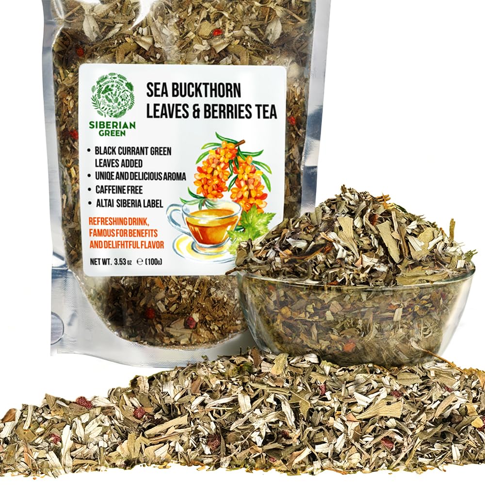 Siberian Green Sea Buckthorn Tea 100g (3.53 oz) w Black Currant leaves Sun Dried Leaves Hippophae Wild Harvested Altai Mountains