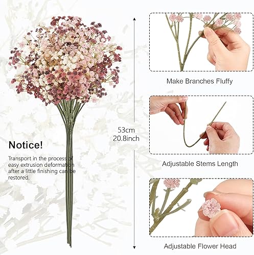Miniatura 36 de N&T NIETING Babys Breath - Flores artificiales blancas, 10 ramos de gypsophila falsas de tacto real, arreglo de aliento de bebés para bodas