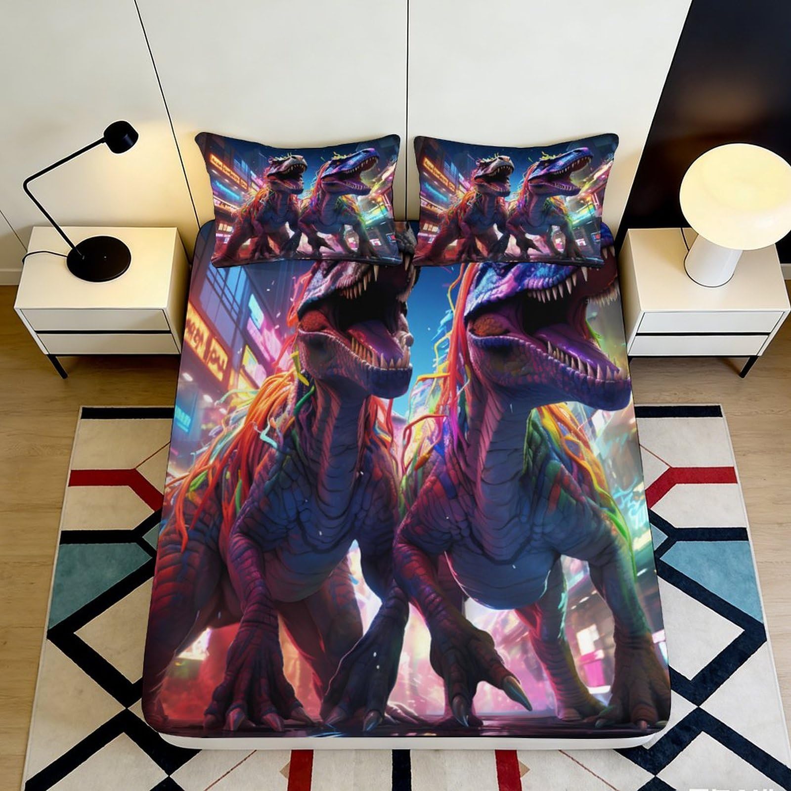 3D Printed Neon Dinosaur Fitted Sheet Microfiber Soft Breathable Urban Fantasy Mattress Cover for Bedroom Guest Room 90x200x25cm