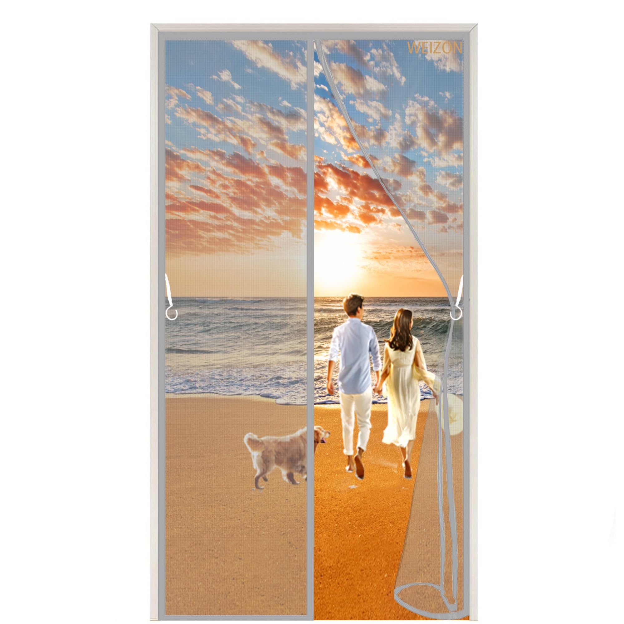Weizon Gray A Magnetic Screen Door 110X260cm(43X102inch) Heavy Duty Bug Mesh - Without Drilling Top-To-Bottom Seal Automatically Easy Installation - Prevents Insects/Flies/Mosquitoes From Entering The Room