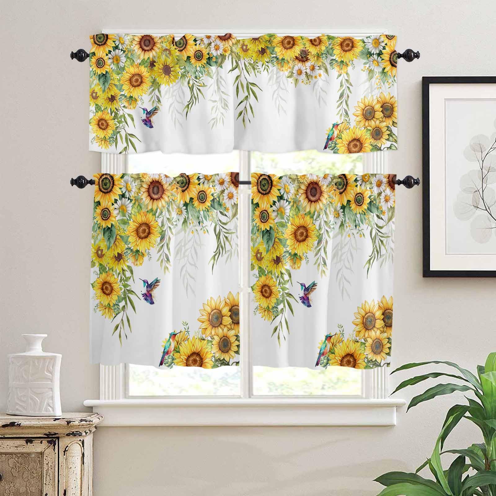 Kitchen Curtains and Valances Set, Spring Sunflowers Rod Pocket Curtains Tier Farmhouse Window Treatment 36 Inch Length, Birds Watercolor Botanical Garden Floral 3 Piece Kitchen Curtain Set