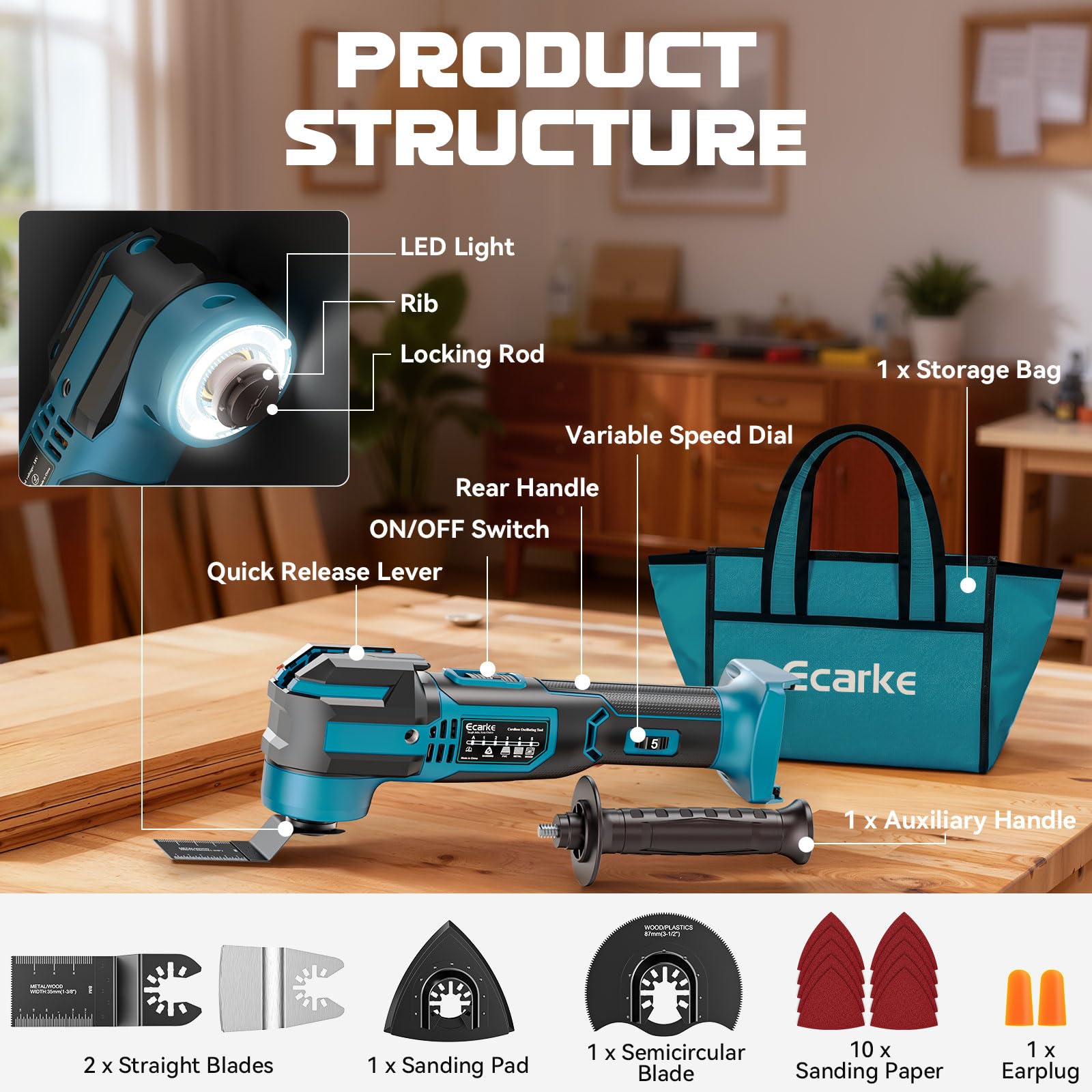 Ecarke Multiherramienta Compatible con Baterías Makita 18V, 5 Velocidades Ajustables, Motor Sin Escobillas, 16 Accesorios, Sistema de Amortiguación Integrado, Luz LED Anular(Solo Herramienta)-Azul