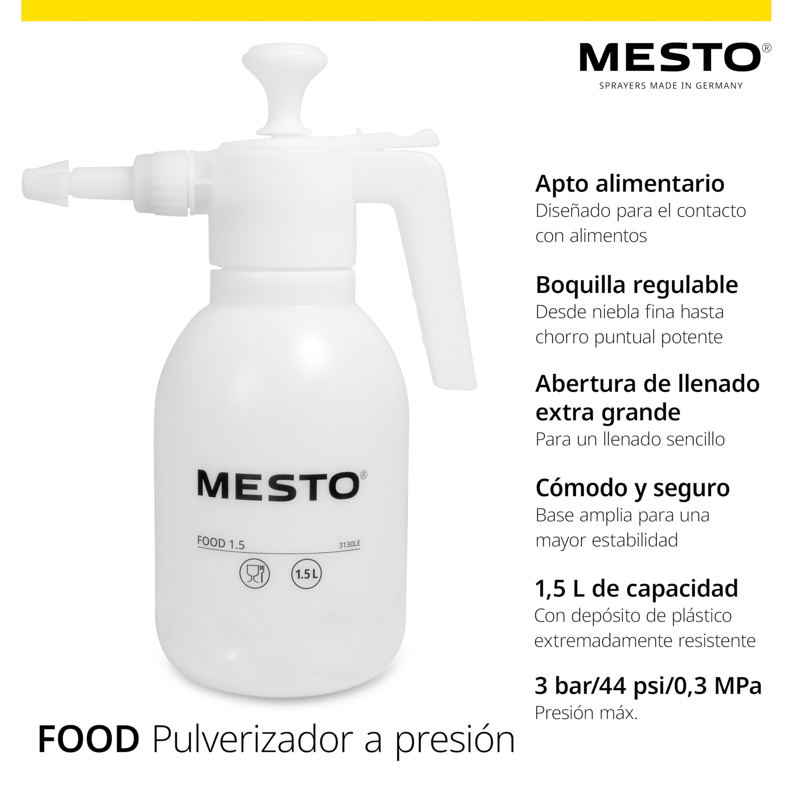 MESTO Food Pulverizador a presión de 1,5 l, botella de spray para alimentos, pulverizador para contacto con alimentos, ideal para ahumar y humedecer alimentos a la parrilla