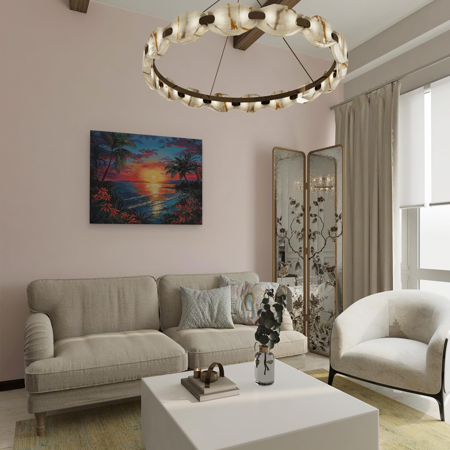 Artaza Leinwand Bilder Sonnenuntergang Meer - 80x60 cm - Wanddeko Strand - Wandbilder Palmen - Deko Wohnzimmer