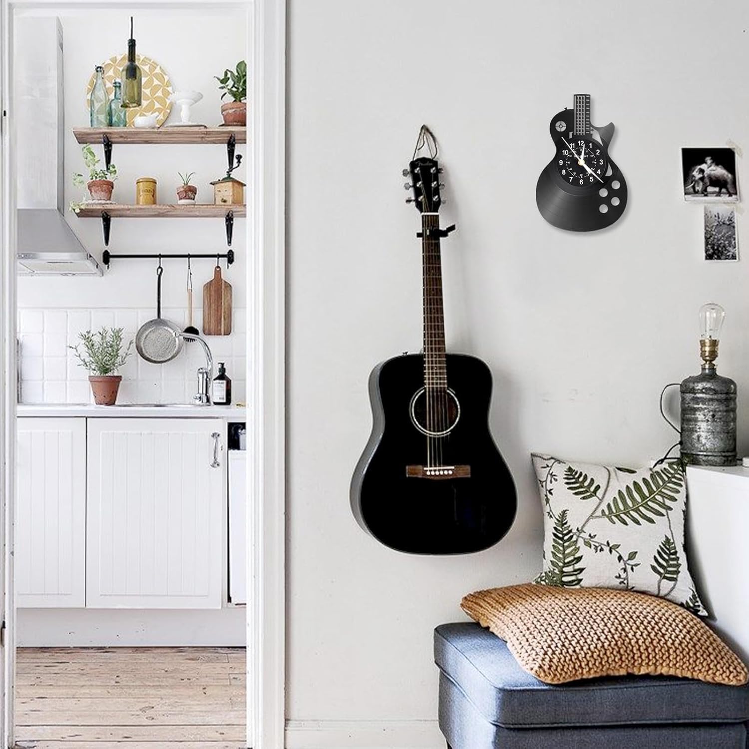 Guitar Vinyl Wall Clock – Silent Non-Ticking 30x30cm Decorative Clock for Music Lovers, Bedroom, Living Room & Studio – Unique Guitar-Themed Clock for Home & Office Decor (Black)