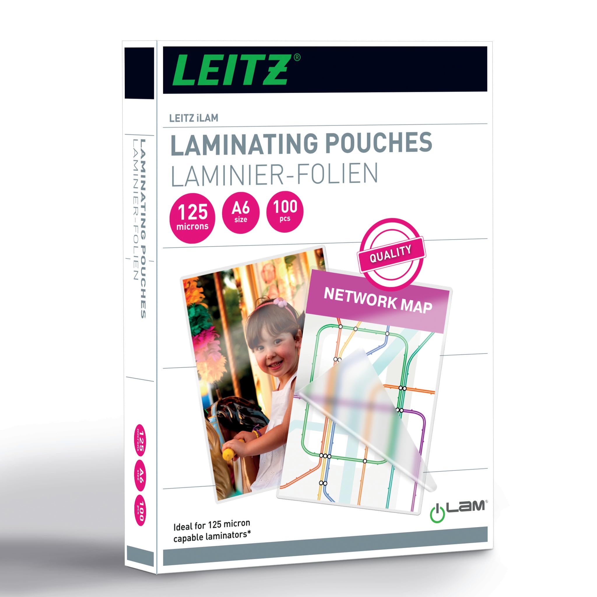 Leitz Hot laminating films, A6, pack of 100, glossy, transparent, film thickness 125 mic, 33806