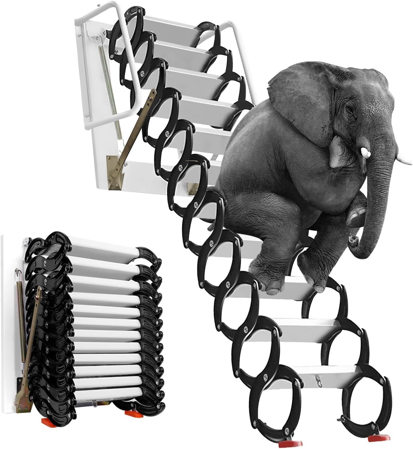 12 FT Al-Mg Alloy Attic Pull Down Loft Ladder Stairs - 12 Step Wall Mounted Attic Ladder Pull Down System - 2700 BS Capacity Foldable Loft Stairs with Armrests