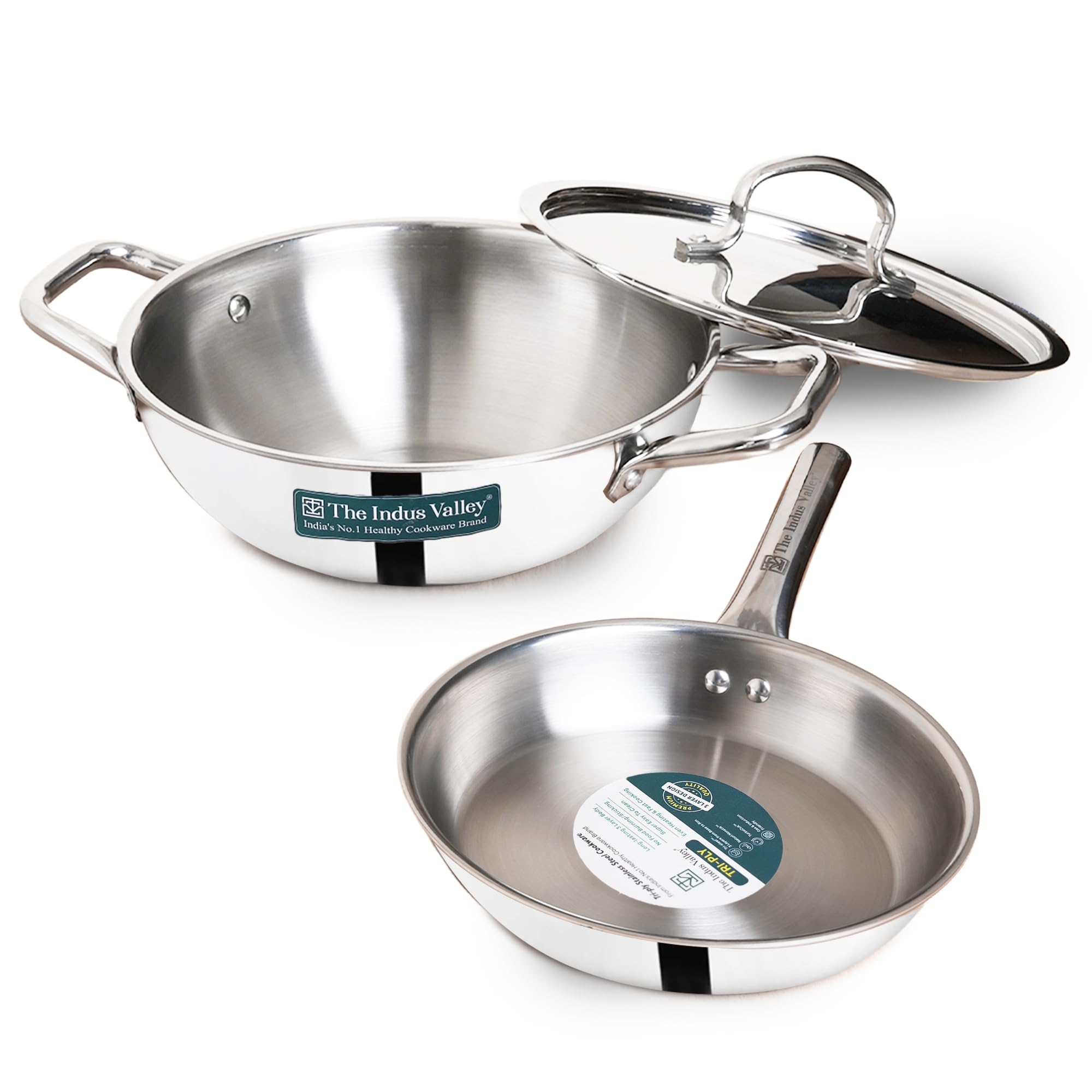 Triply Stainless Steel Cookware Set of 3Pcs | Kadai with Lid (24 Cm/3 L)+ Fry Pan (22 Cm/1.4L) | Kitchen Cooking Combo Pots & Pans Set | Naturally Nonstick,Silver