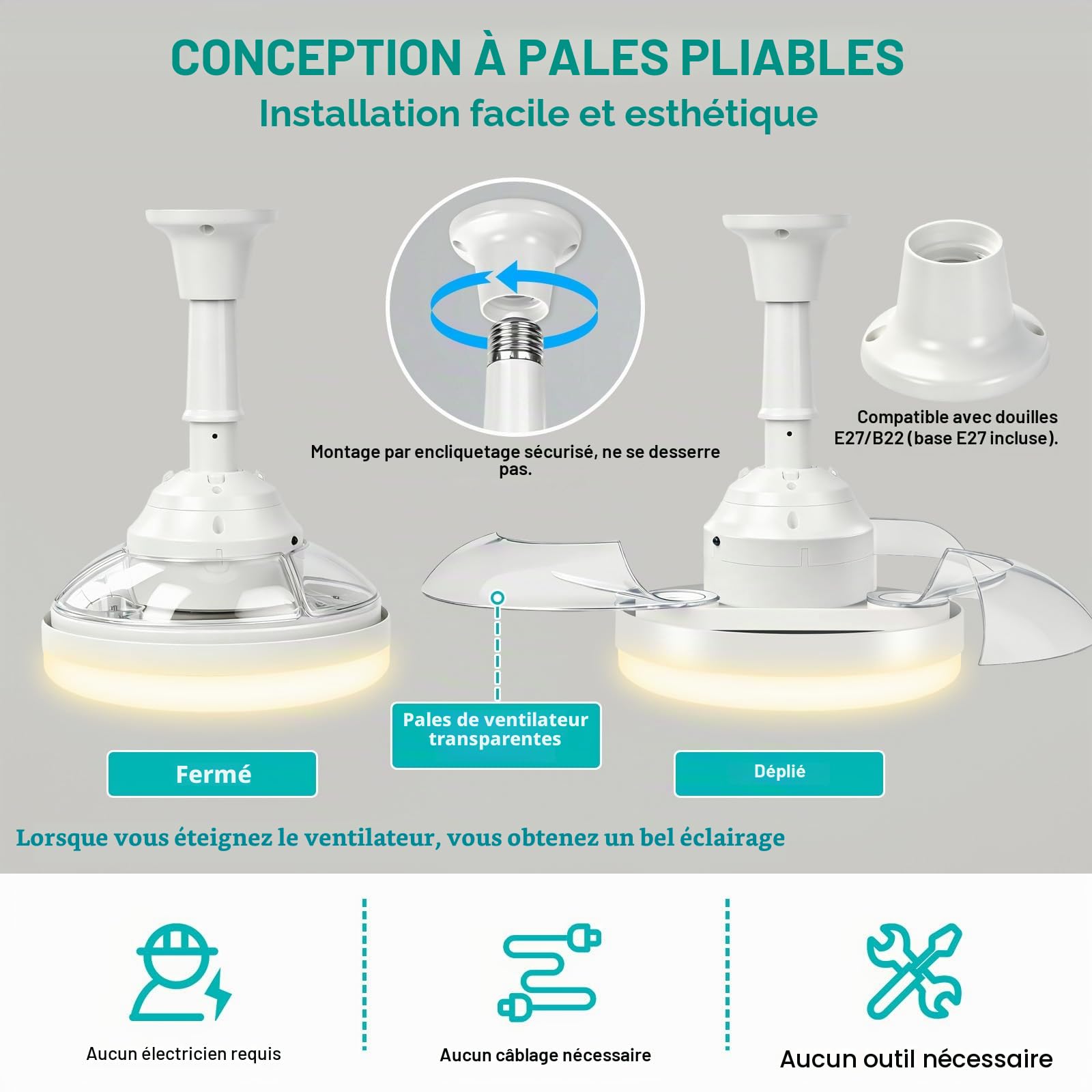 Herefun Ventilateur Plafond avec Lumiere 43CM Lustre Pliable E27 Telecommande 3 Pales Cachées 3 Vitesses Timing