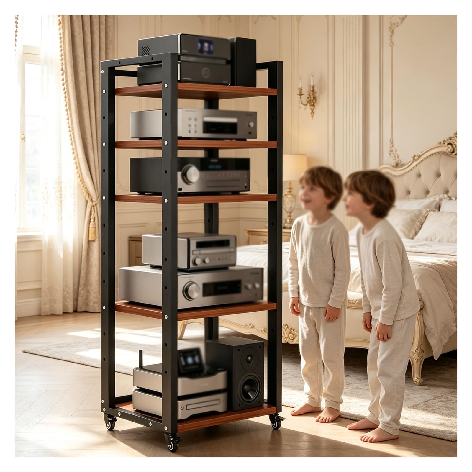 Generico Mobile HiFi Su Ruote A 5 Ripiani,supporto Audio Con Ruote,Mobiletto Portaoggetti Regolabile In Altezza Per Amplificatori, Giradischi, Diffusori E Apparecchi Home Cinema