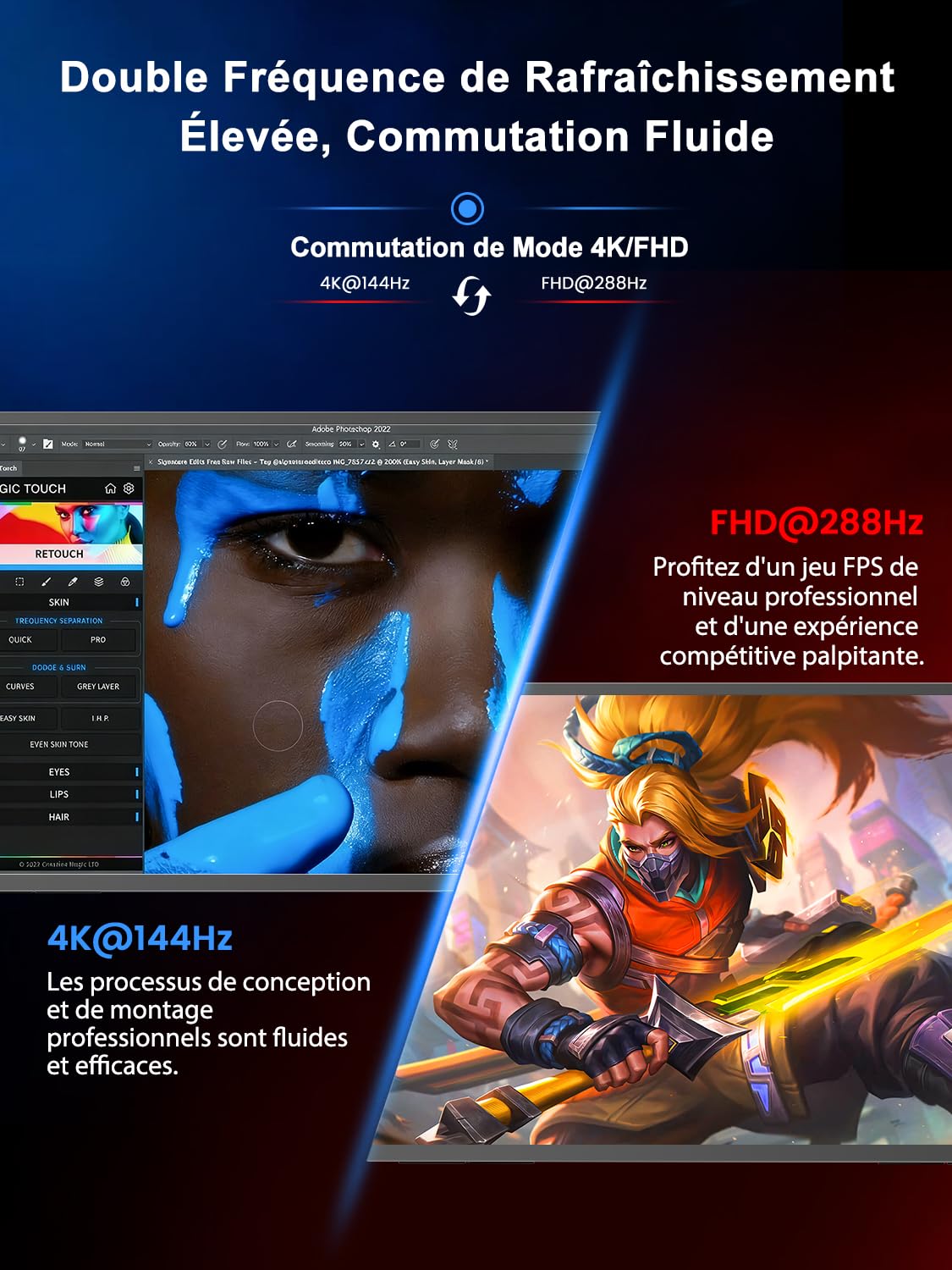 UPERFECT 27" 4K 144Hz | 1080p 288Hz Double Mode Écran Portable avec 600 Nits 2000:1 125% sRGB, Ports HDMI 2.1, DP et USB-C pour Ordinateurs Portables | PC | Consoles de Jeux, Compatible VESA