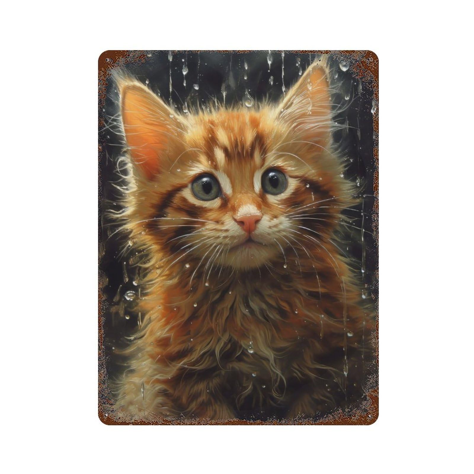 Wet Cat CloseUp 15.7"x11.8" Rusty Metal Tin Sign, Shabby Chic Decor for Bistro, Counter And Cafe Decor