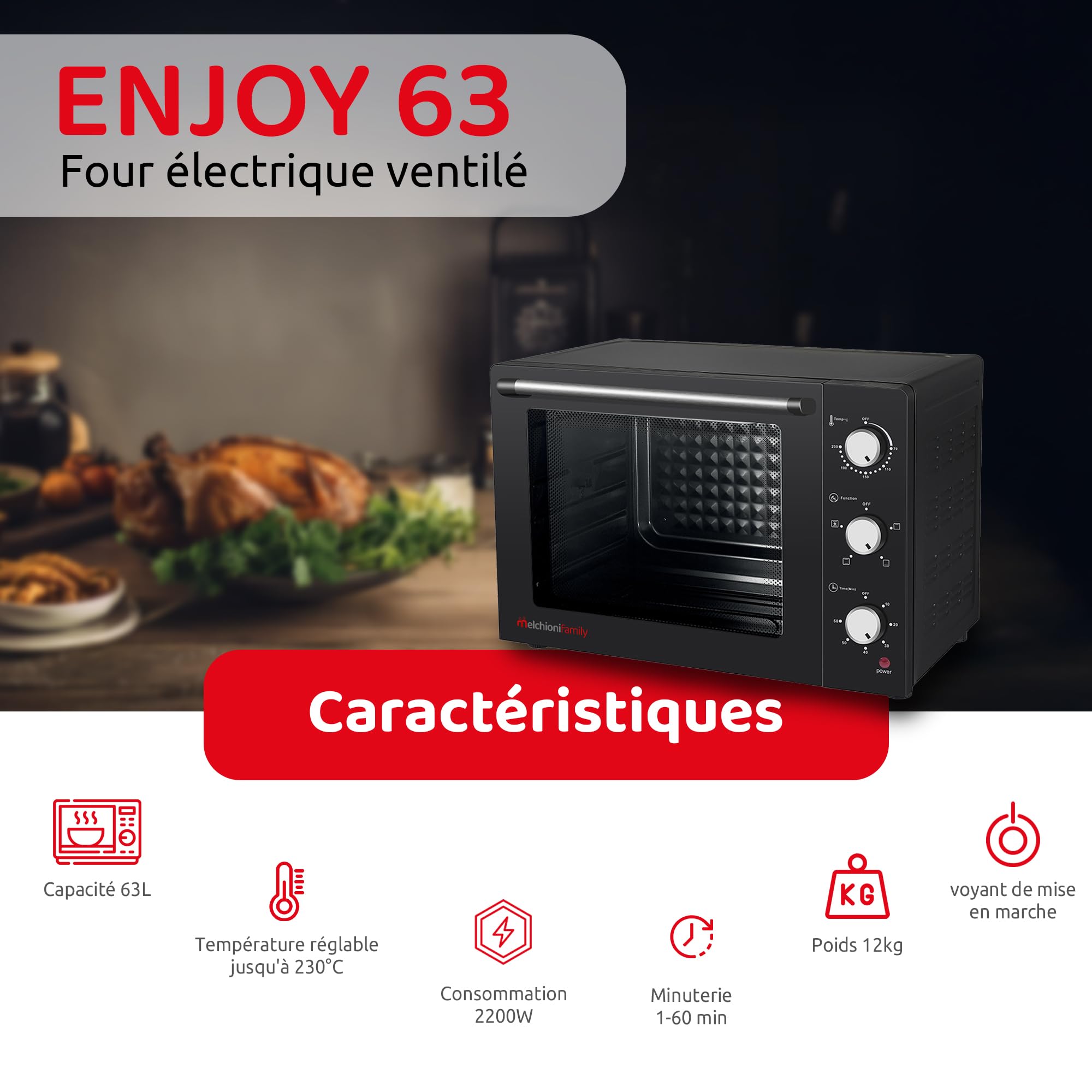 Melchioni Family | Four électrique Ventilé ENJOY, Four électrique avec Rôtisserie, Capacité 63 Litres, Température 230°, Puissance du Four à Pizza 2200 W, Mini Four Professionnel, 58 x 44 x 40.7 cm