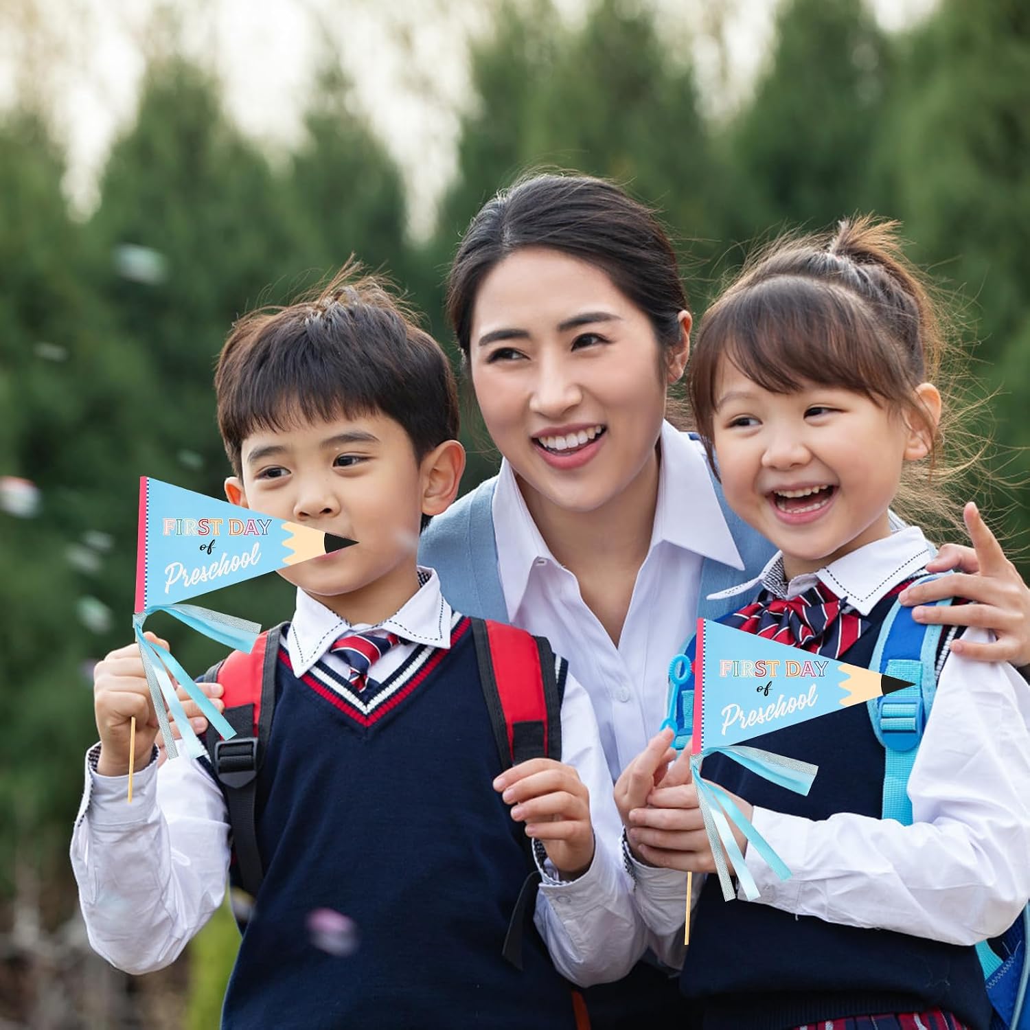 First Day of Preschool Flag, Pennant Flag with Ribbons and Wood Stick