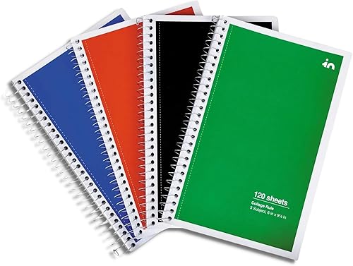 1InTheOffice Cuaderno de espiral de 6 x 9.5, cuaderno encuadernado con alambre, cuaderno con rayas universitarias, cuaderno de 3 materias con rayas
