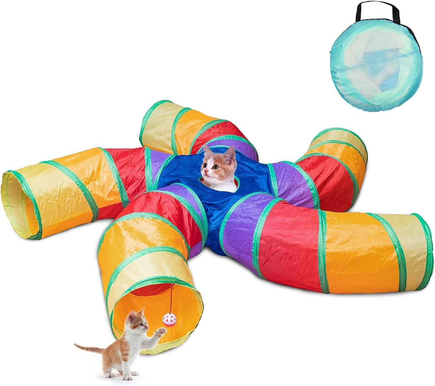 Tunnel per gatti da interni, grande tunnel da gioco a 5 vie e tubo con palla da gioco, tubo pieghevole a forma di S con spioncino interattivo, ideale per esercizi al chiuso per gattini