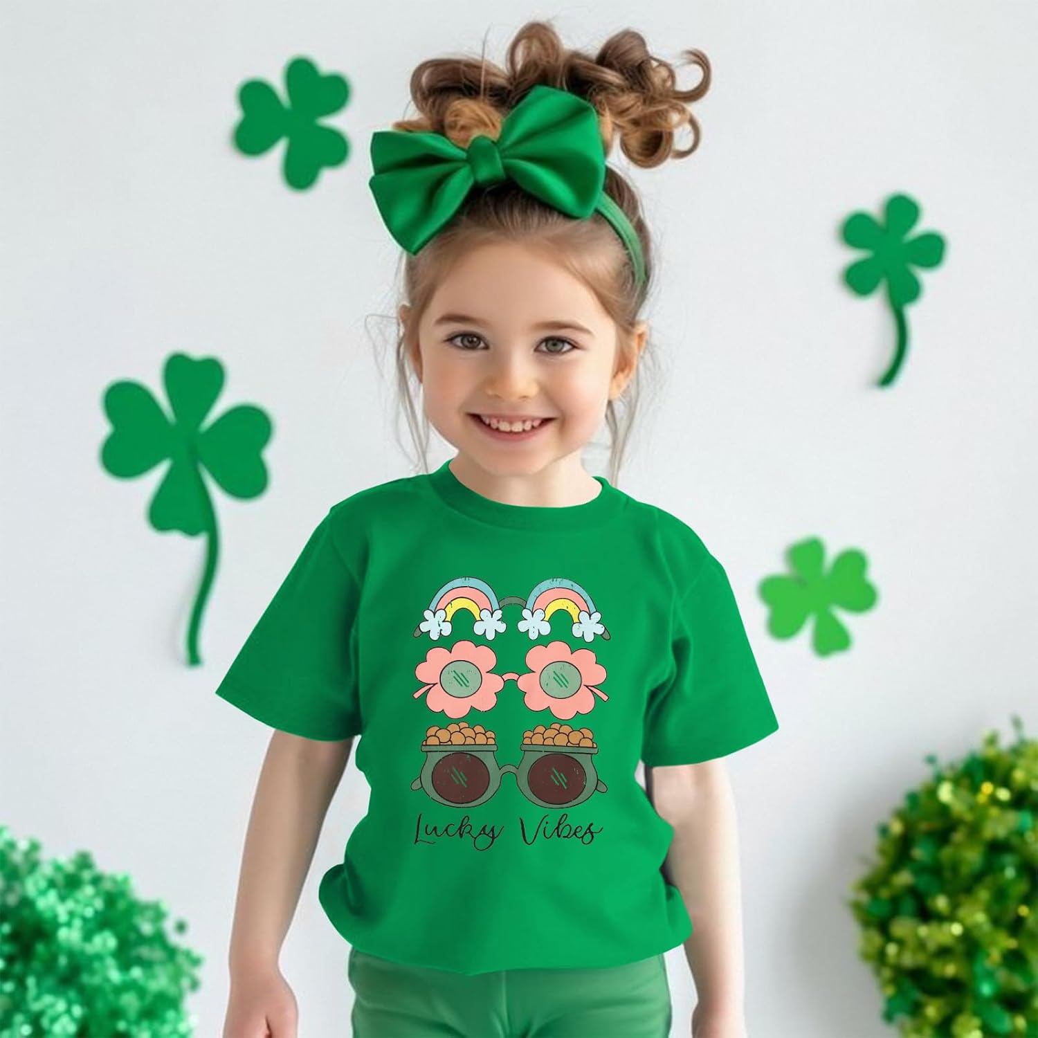 GLIGLITTR Toddler Baby Girls St. Patricks Day T-Shirt Lucky Vibes Clover Rainbow Tee Irish Shamrock Graphic Short Sleeve Tops