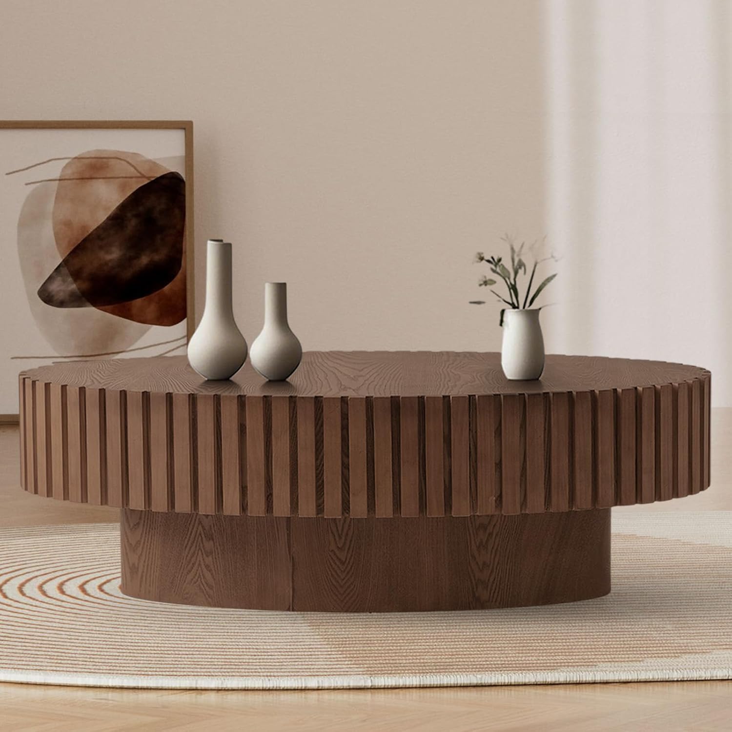 43.3" Oval Wood Coffee Table, Modern Fluted Drum Coffee Table with Handcrafted Relief & Sturdy Pedestal Unique Center Table Tea Table for Famhouse Living Room,Brown Oval