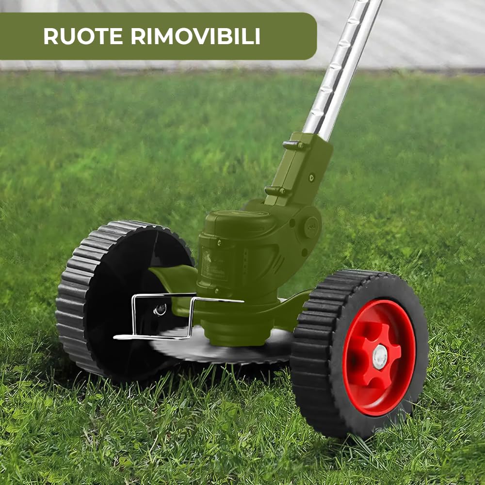 Mediawave Store – Decespugliatore a Batteria con Ruote Rimovibili e Manico Telescopico Allungabile, Tosaerba Elettrico con 2 Batterie Ricaricabili Incluse per Cura del Giardino