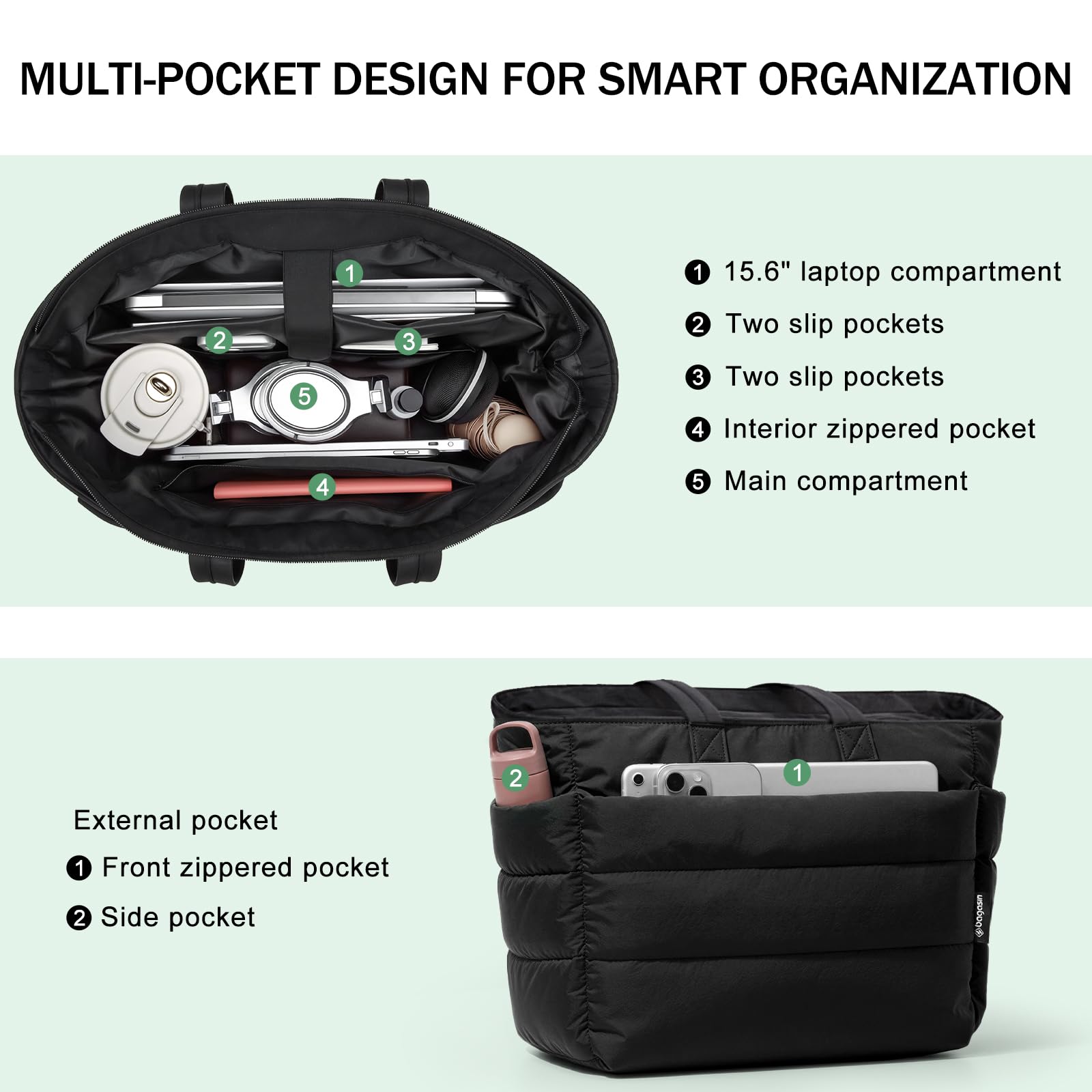 bagasin Borsa Tote a Mano da Donna, Borsa a Tracolla da Viaggio a Grande Capacità per Laptop da Lavoro, con Scomparto, Multi-Tasca, Leggera, per Lavoro, Viaggi, Fitness, Nero & Beige