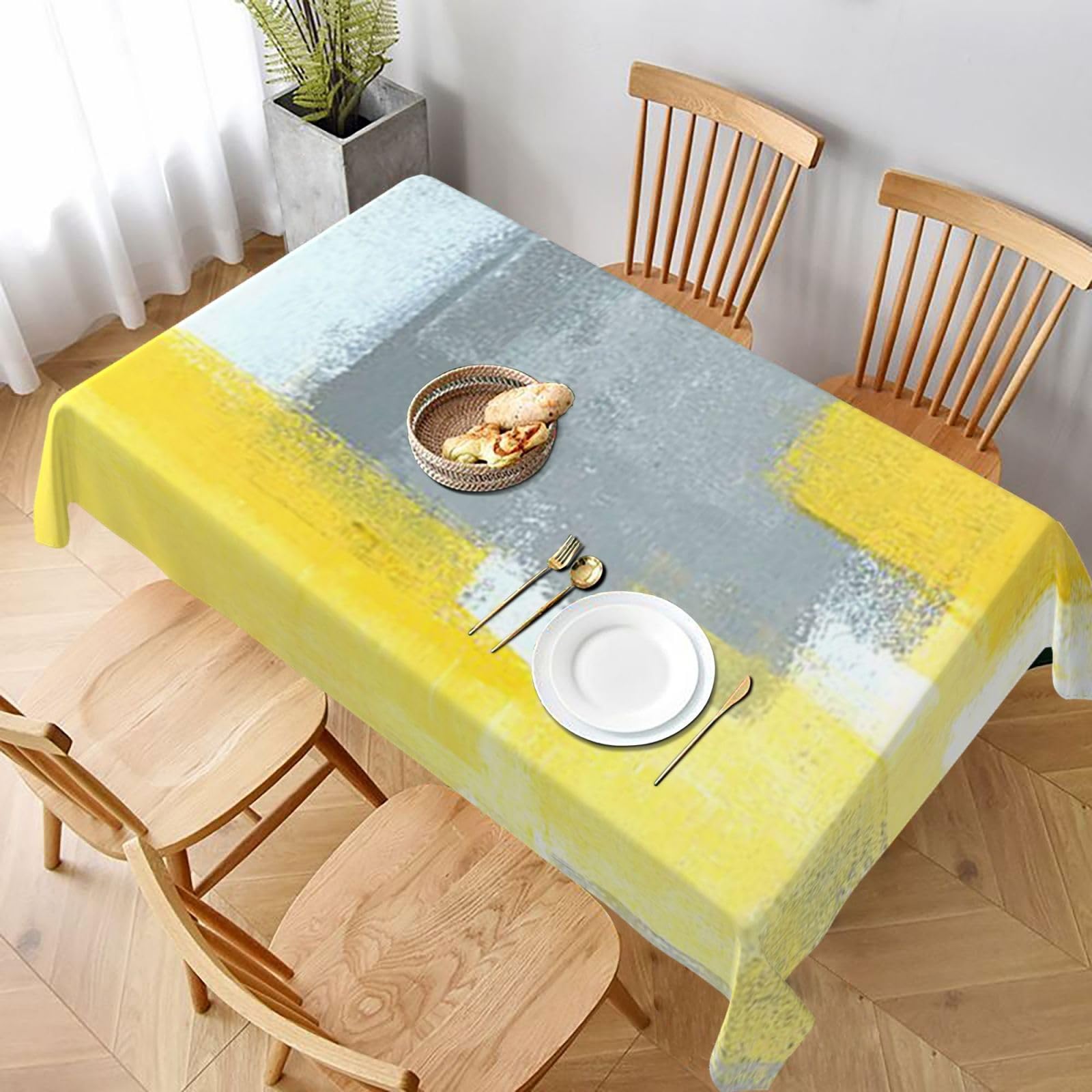 BNVSADC Grey And Yellow Abstract Art Painting Printed Rectangle Tablecloth 228x152 CM, Water Resistant Polyester Table Cloth Decorative Fabric Table Covers for Kitchen Dining Table Parties Camping