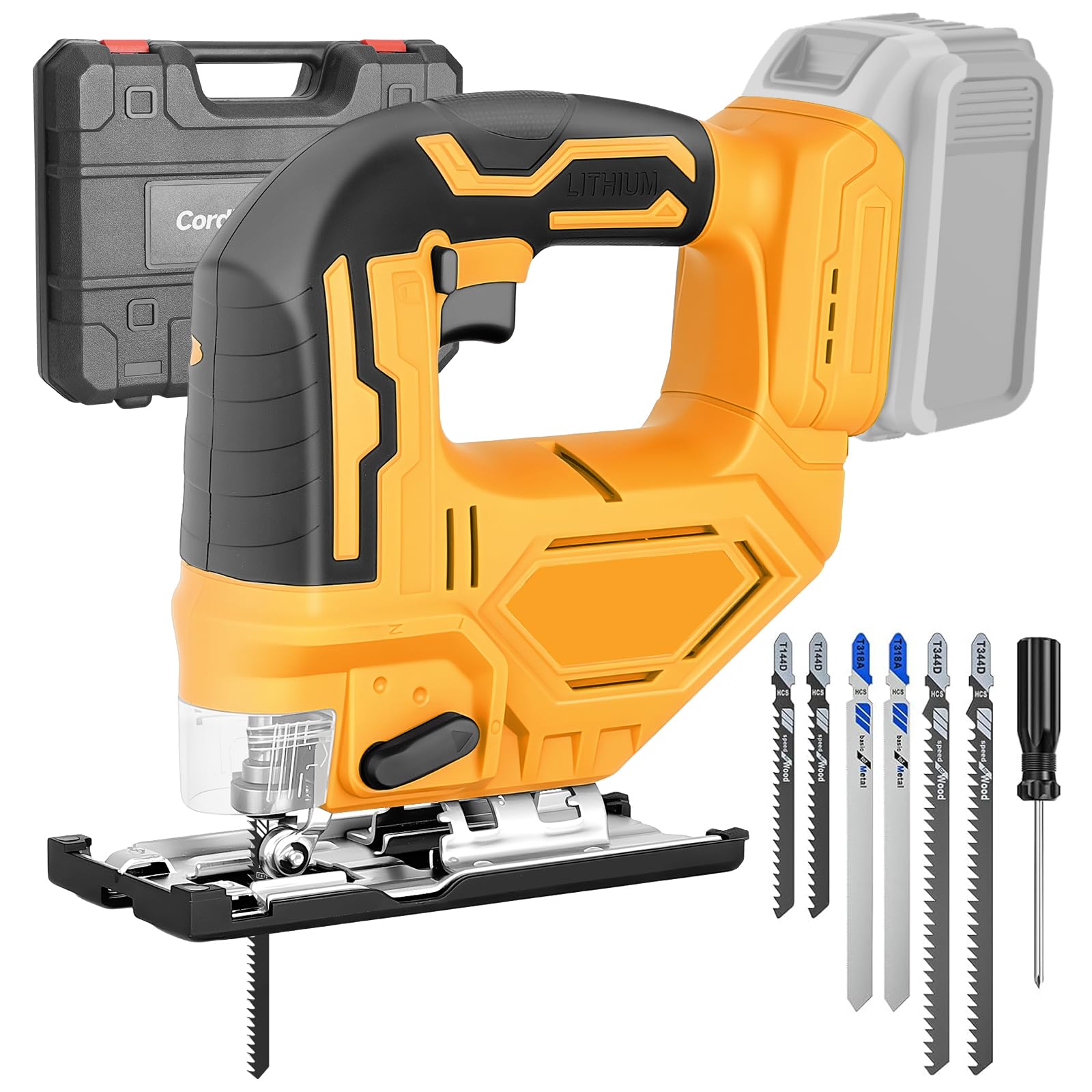 Jig Saw for De-Walt 20V Max Battery, Cordless Jigsaw Tool with Brushless Motor, Up to 2900 RPM, 0–45° Beveled Cuts, LED Light & Plastic Box, Jigsaw for Straight/Curve/Circle Cutting(No Battery)