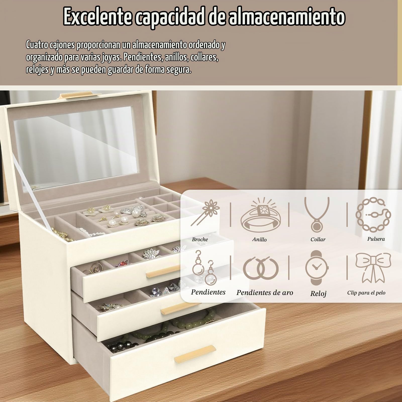 Caja Joyero Mujer de 4 Niveles, Joyeros Organizador Joyas Cuero PU | 3 Cajones, Gran Capacidad, Joyería Joyero para Mujeres y Niñas para Pendientes, Cadenas, Pulseras - Beige