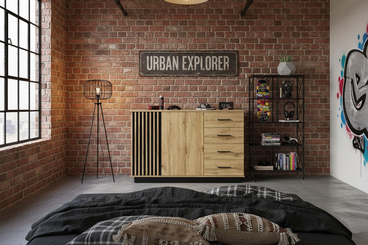 MINIO go for it - Kommode Lamia 6, Sideboard 141cm Breit mit Schubladen | Farbe: Wotan Eiche / Schwarz Matt