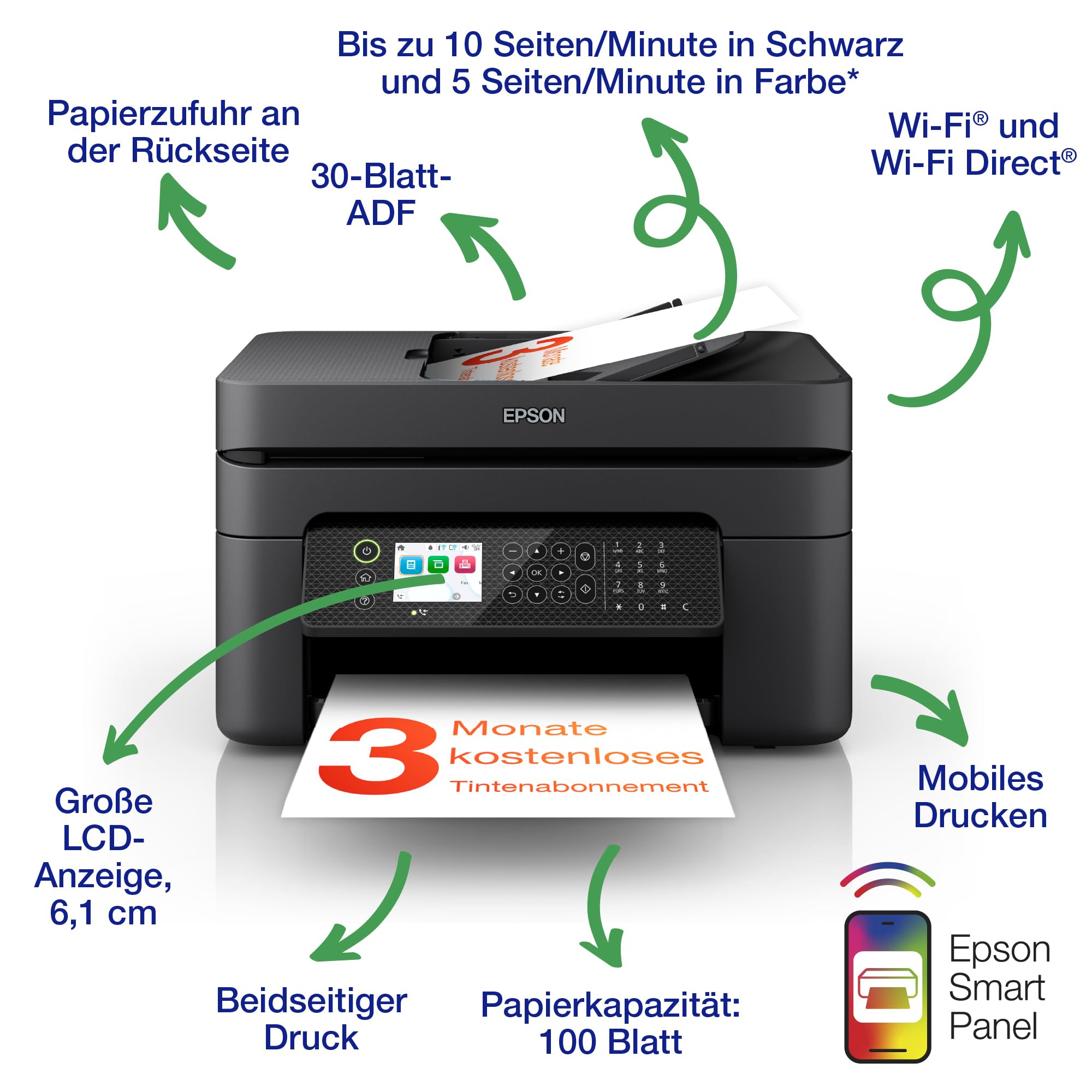 Epson Workforce WF-2950DWF A4-Multifunktions-Tintenstrahldrucker mit kabellosem Betrieb, inkl. kostenloser Tinte mit ReadyPrint Flex-Abo*