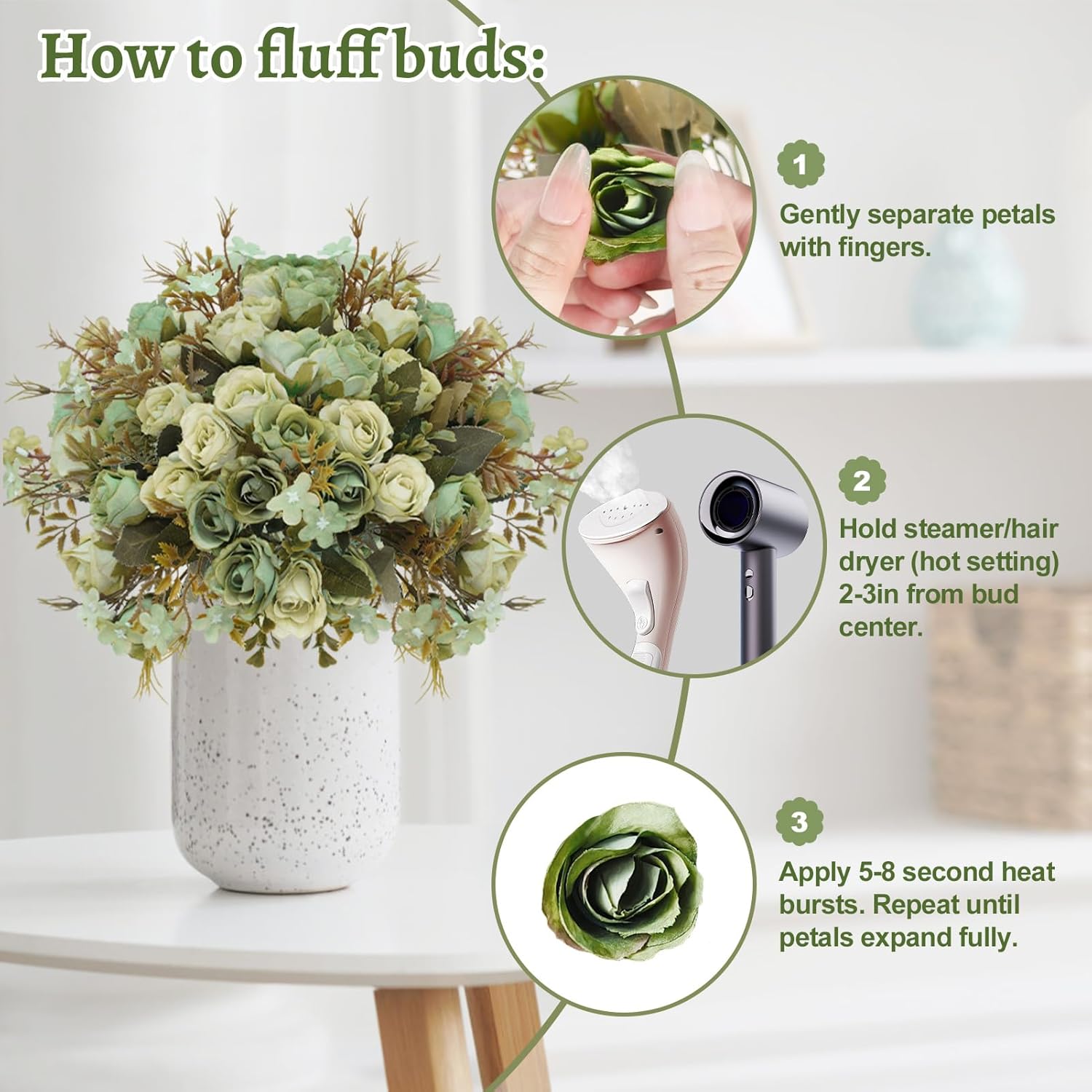 5 Stems 10 Heads Artificial Flowers Mini Roses with Leaf Bridal Bouquets for Wedding Centerpieces Indoor Home Table Decoration(4 Pack, Green) - Image 4