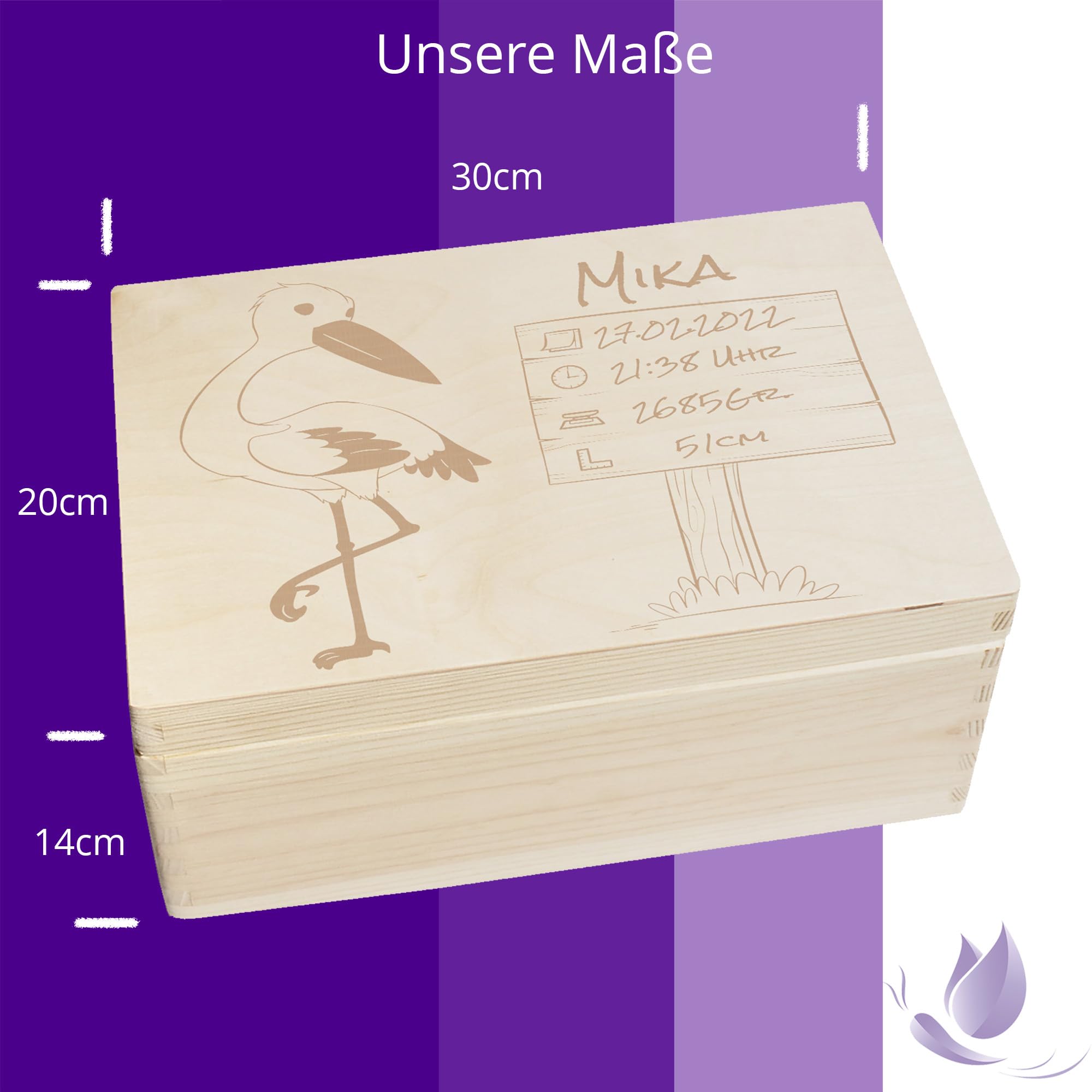 Scatola dei ricordi personalizzata per neonati e bambini con incisione cicogna – Scatola in legno per bei ricordi – Scatola in legno 30 x 20 x 14 cm