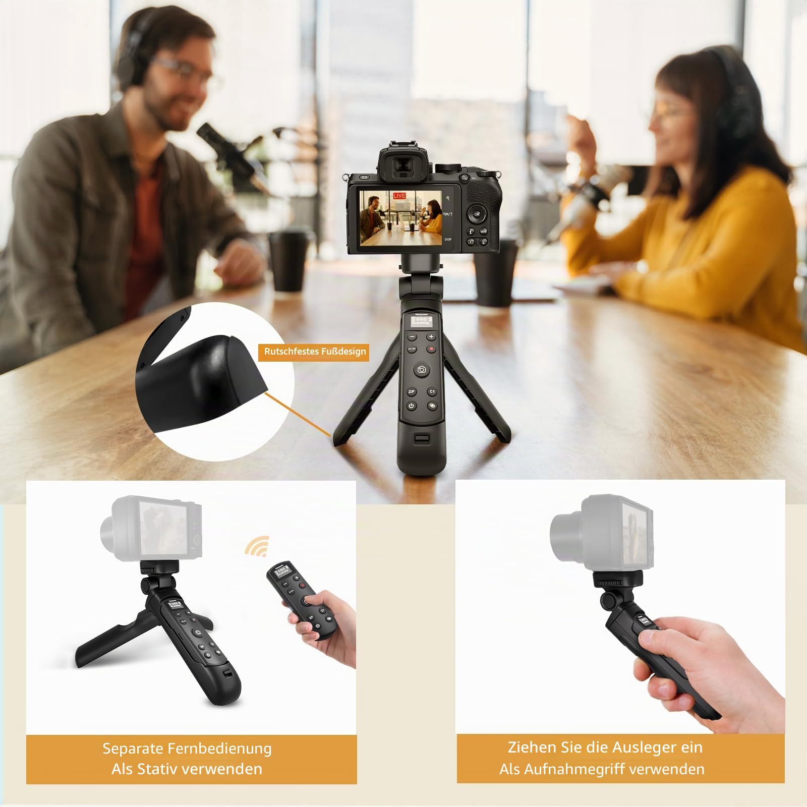Kompatibel mit Sony Kameras Stativ - Mini-Stativ mit aufladbarer Fernbedienung mit Focus Zoom für Sony ZV-E10/ZV-E1/ZV-1/ZV-1F/RX100VII/RX0 II/A6700/A6400/A6600/A7III/FX3 - Ideal für Vlogging, Schwarz