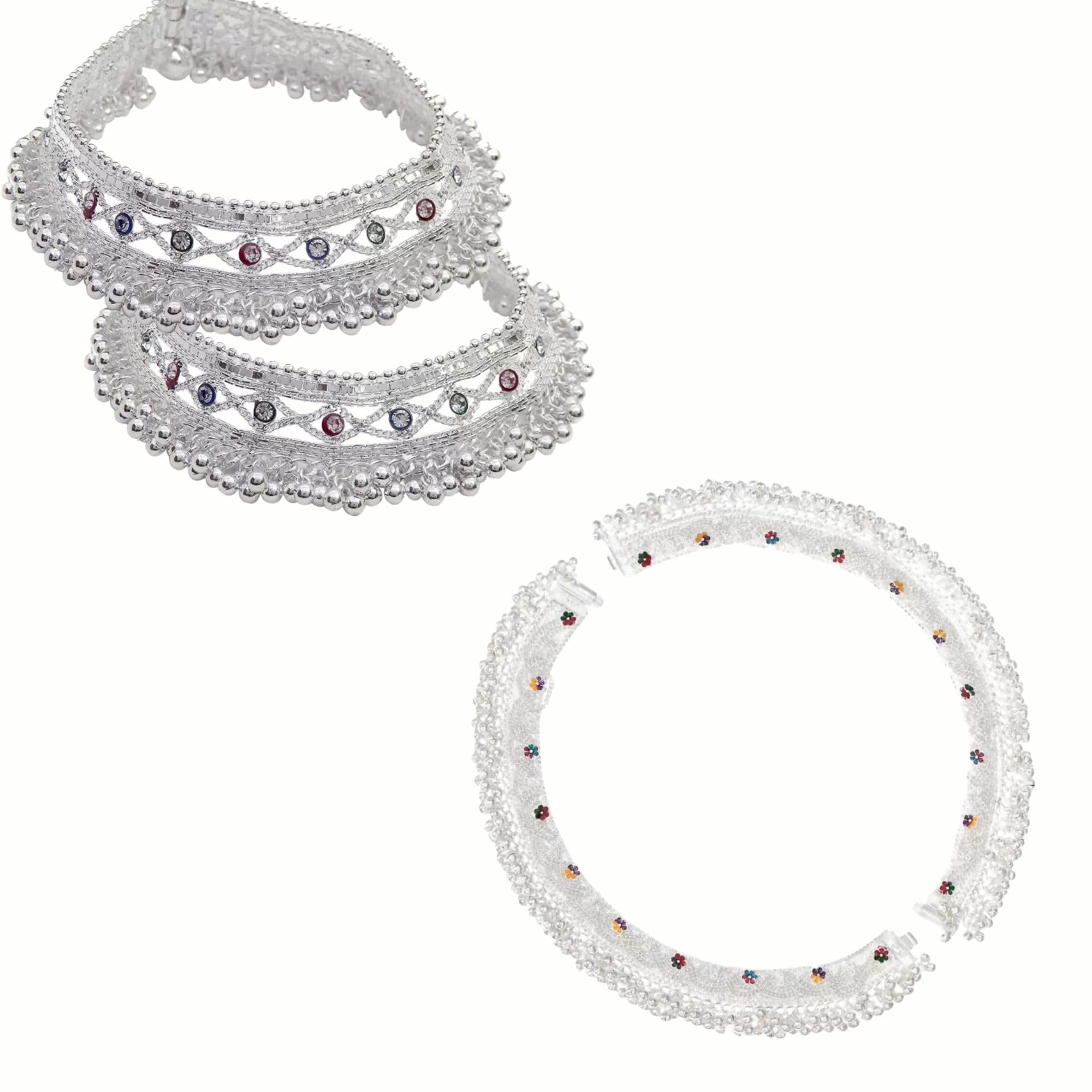 womensky Traditional Indian Heavy Fancy Silver Gola Payal for Women with Jhaalar | Meena Work Girls Anklets with Sound Making Ghungroo-picture-27
