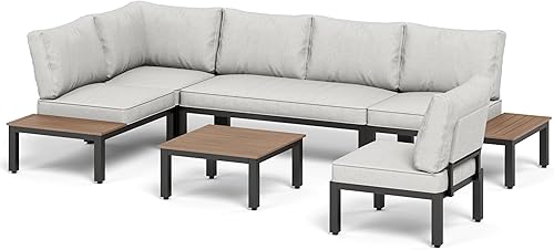 Miniatura 9 de PHI VILLA Juego de muebles de patio al aire libre de 6 piezas, marco de metal, moderno juego de sofá modular para exteriores, juegos de conversación