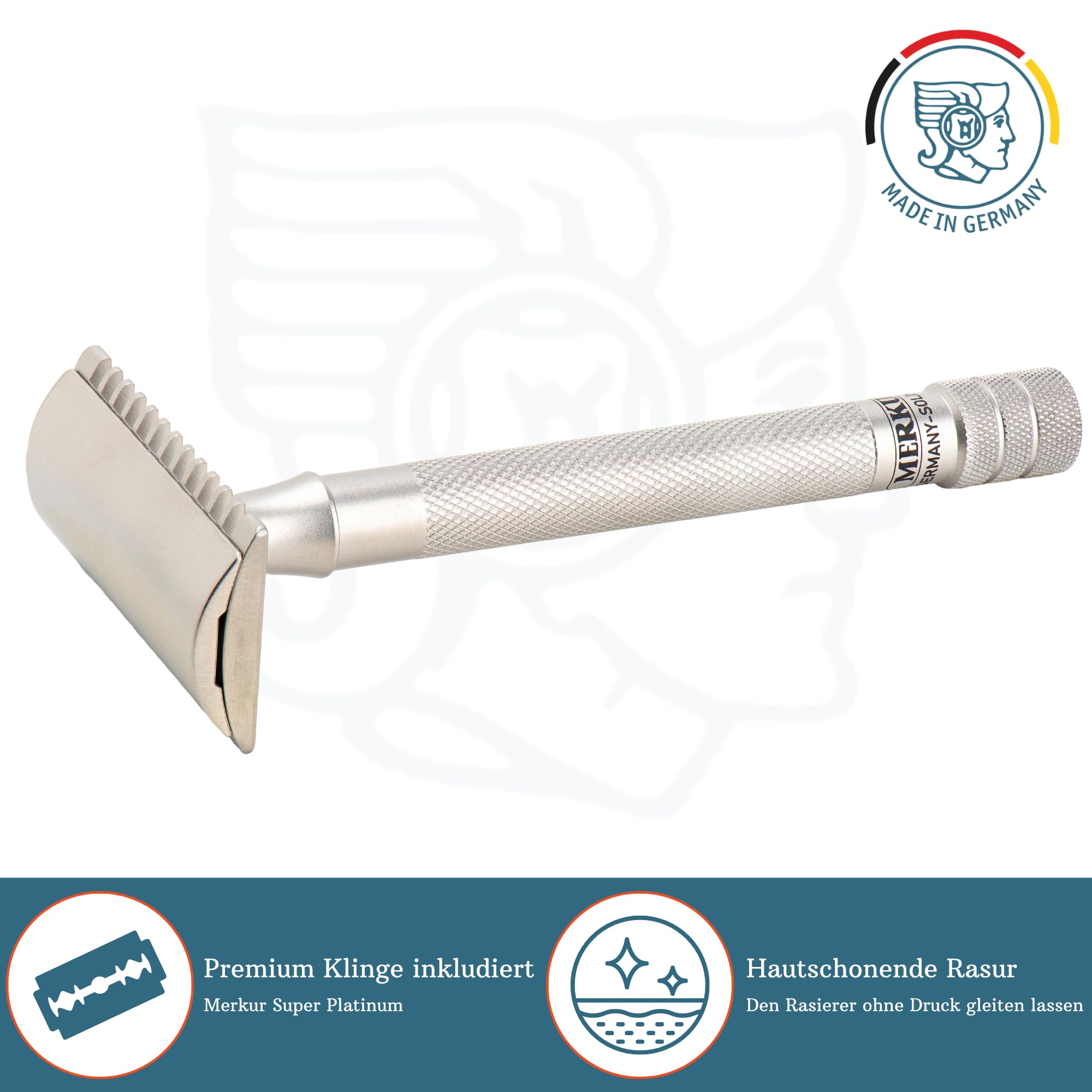 MERKUR Edelstahl Rasierhobel 25 INOX | Seidenmatt | Dreiteiliger Premium Rasierer mit geradem Schnitt | Offener Zahnkamm | Ideal für Nassrasur | Made in Germany