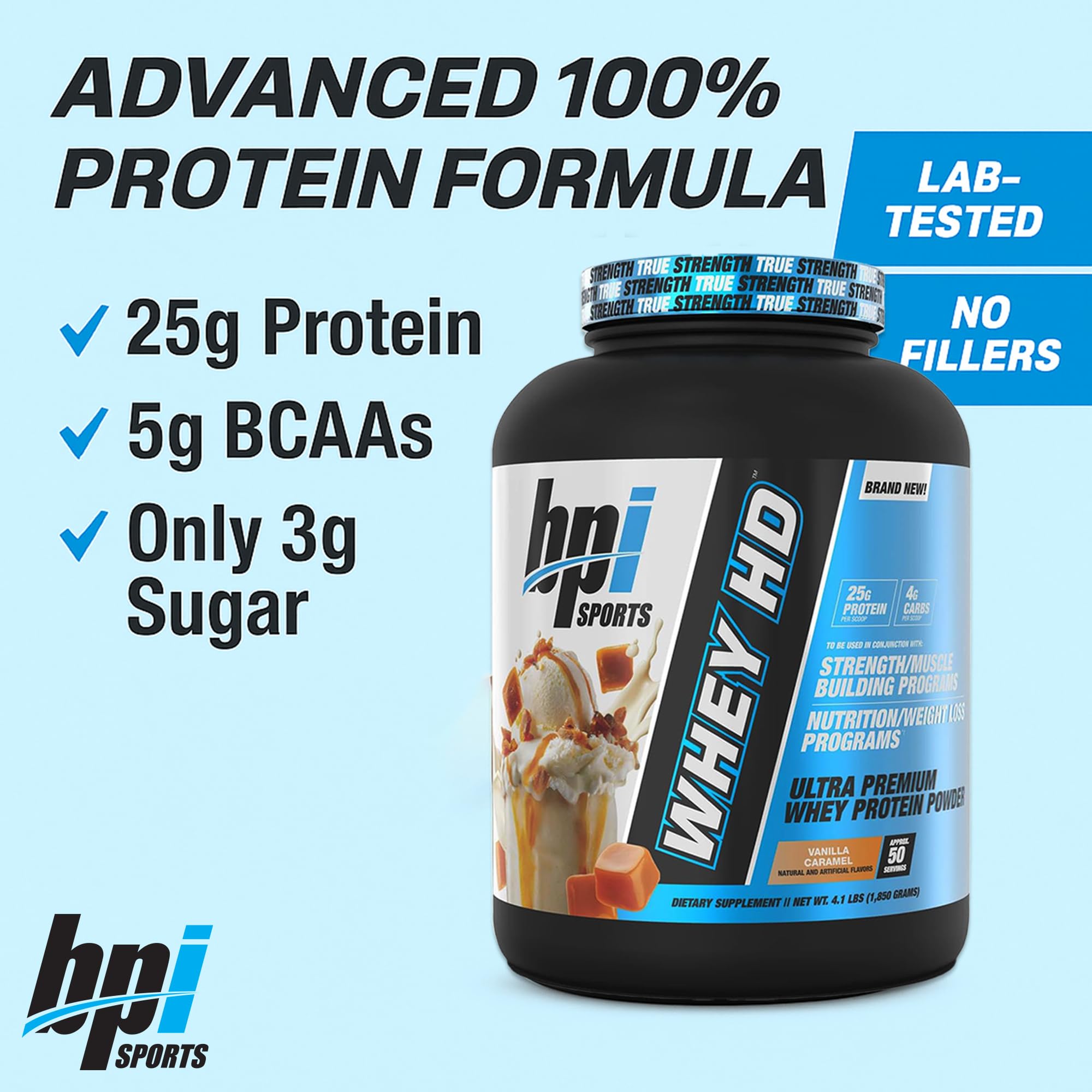 BPI Sports Whey HD Ultra Premium Protein Powder, Vanilla Caramel, 4.1 Pound