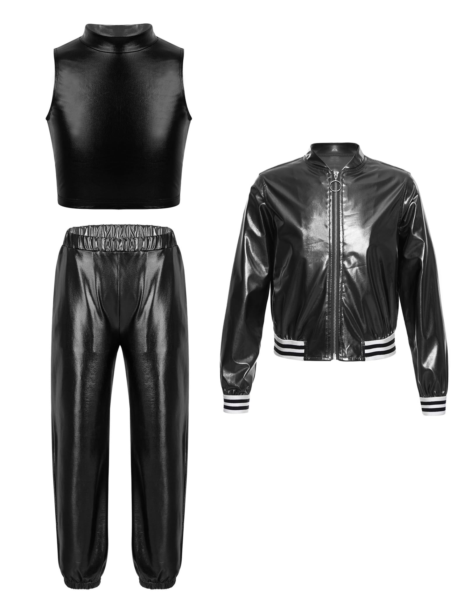 Yhong 3-częściowy zestaw dziewczęcych hip-hopowych ubrań do tańca z kapturem, tank top, spodnie do biegania dla dzieci, metaliczny dres treningowy, brokatowy, casualowy Street