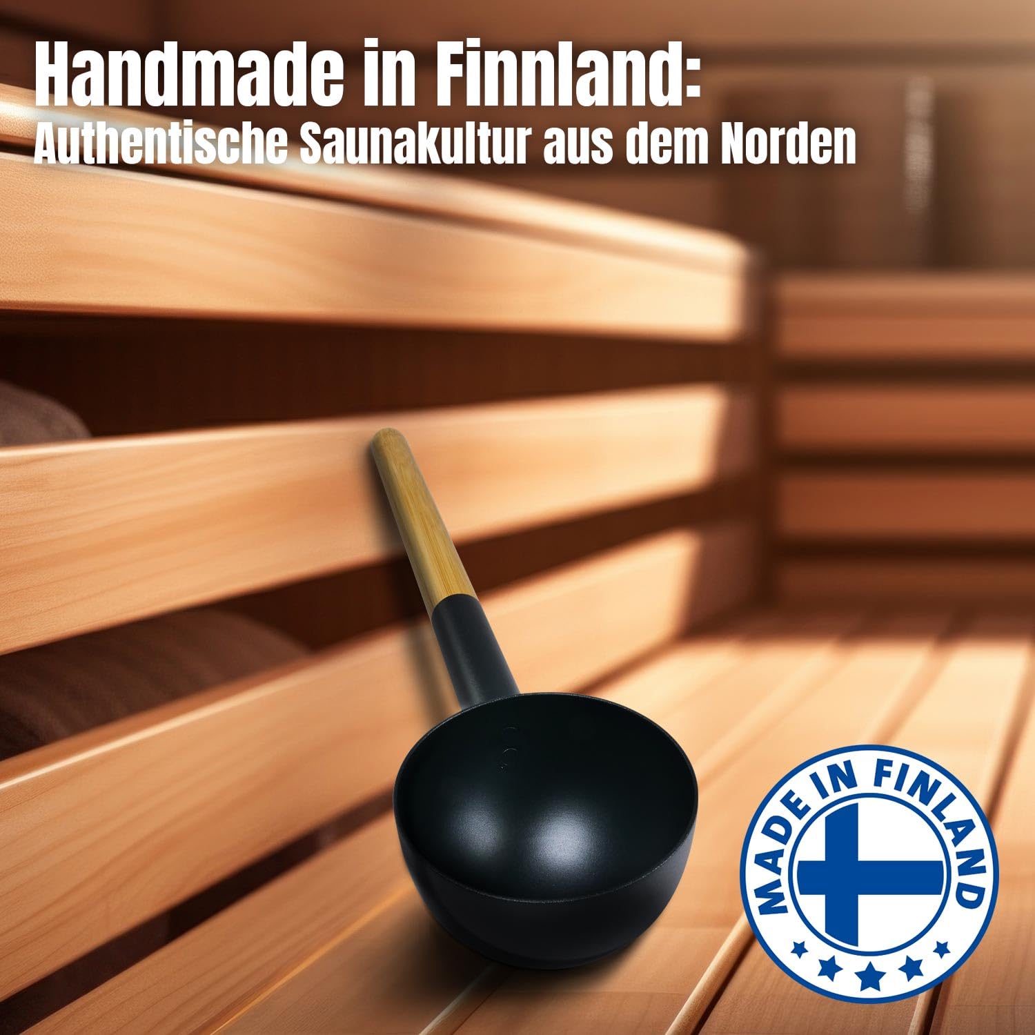 KOLO Kauha 2 Sauna Kelle 300 ml - Schwarzes Aluminium mit Bambusgriff 43 cm - Premium Saunakelle - Langlebig & ergonomisch - Für Aufgüsse und authentische finnische Saunakultur - Made in Finland