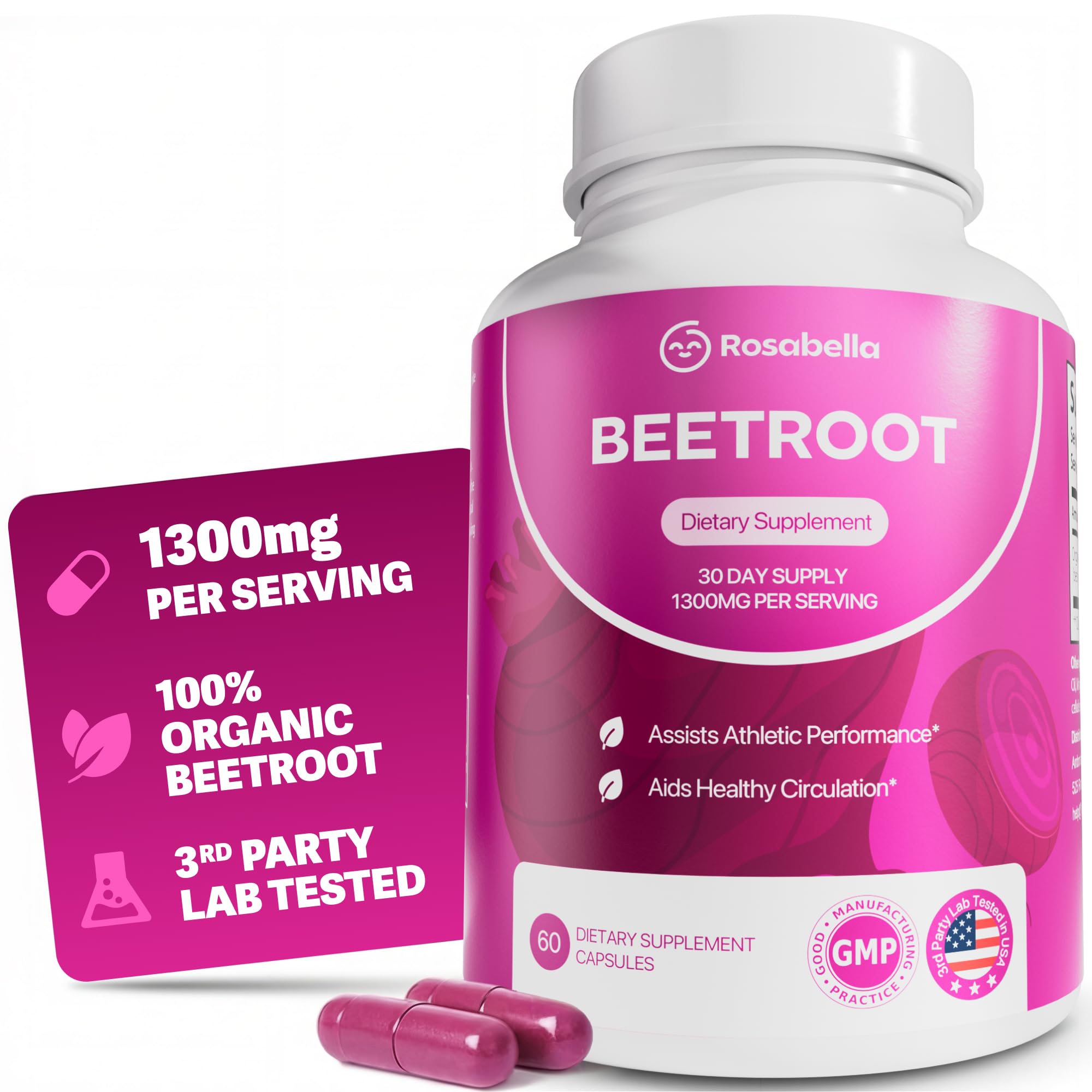 Rosabella Organic Beet Root Capsules - 1300mg Beet Root Powder Aids Healthy Circulation & Vitality, Non-GMO, Beet Root Supplement - 60 Capsules, 30-Day Supply