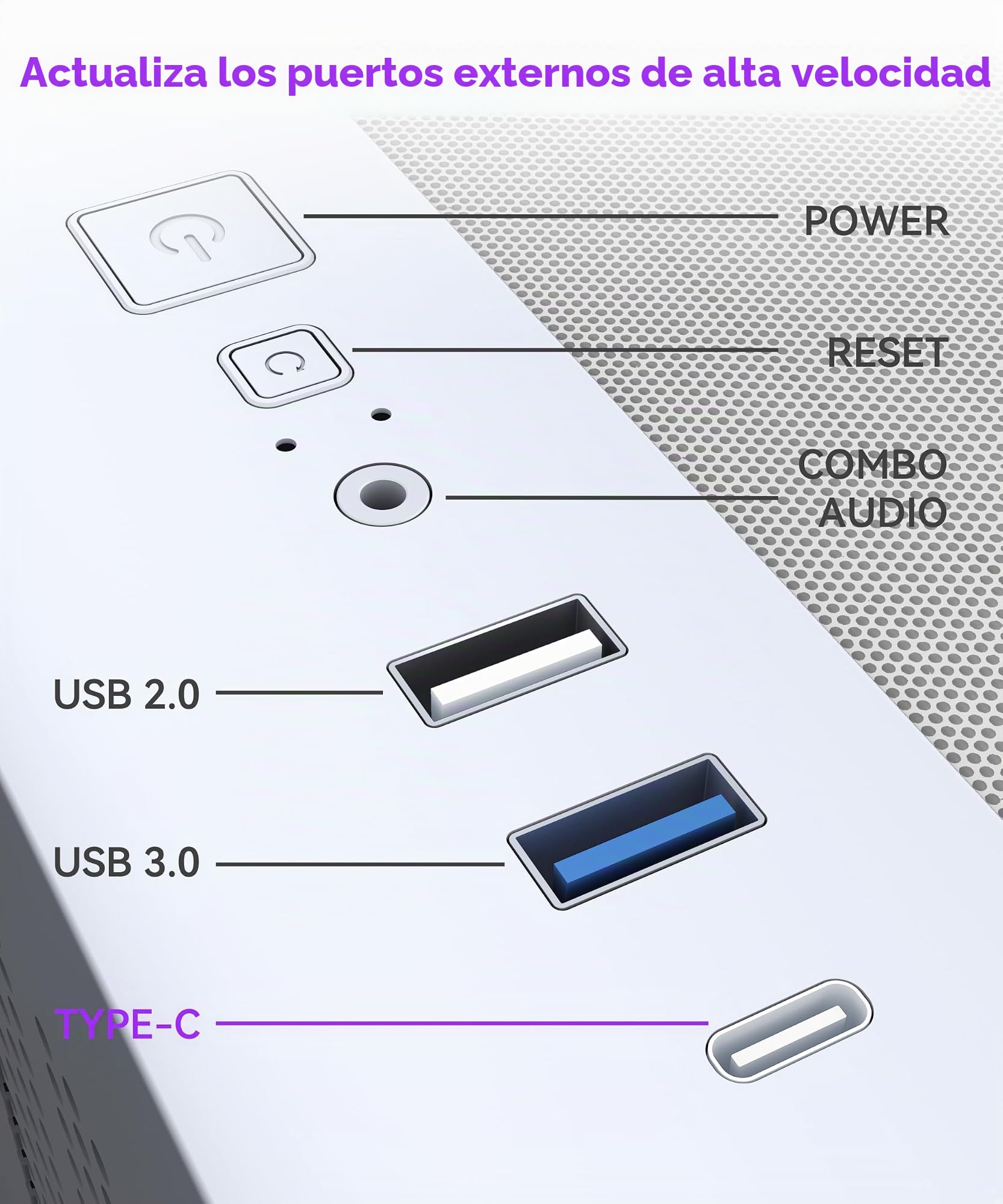 MUSETEX Y6 Caja PC ATX Torre Mediana, 7 Ventiladores PWM ARGB Espejo Infinito, Tipo-C, Cristal Templado 270°, Blanco
