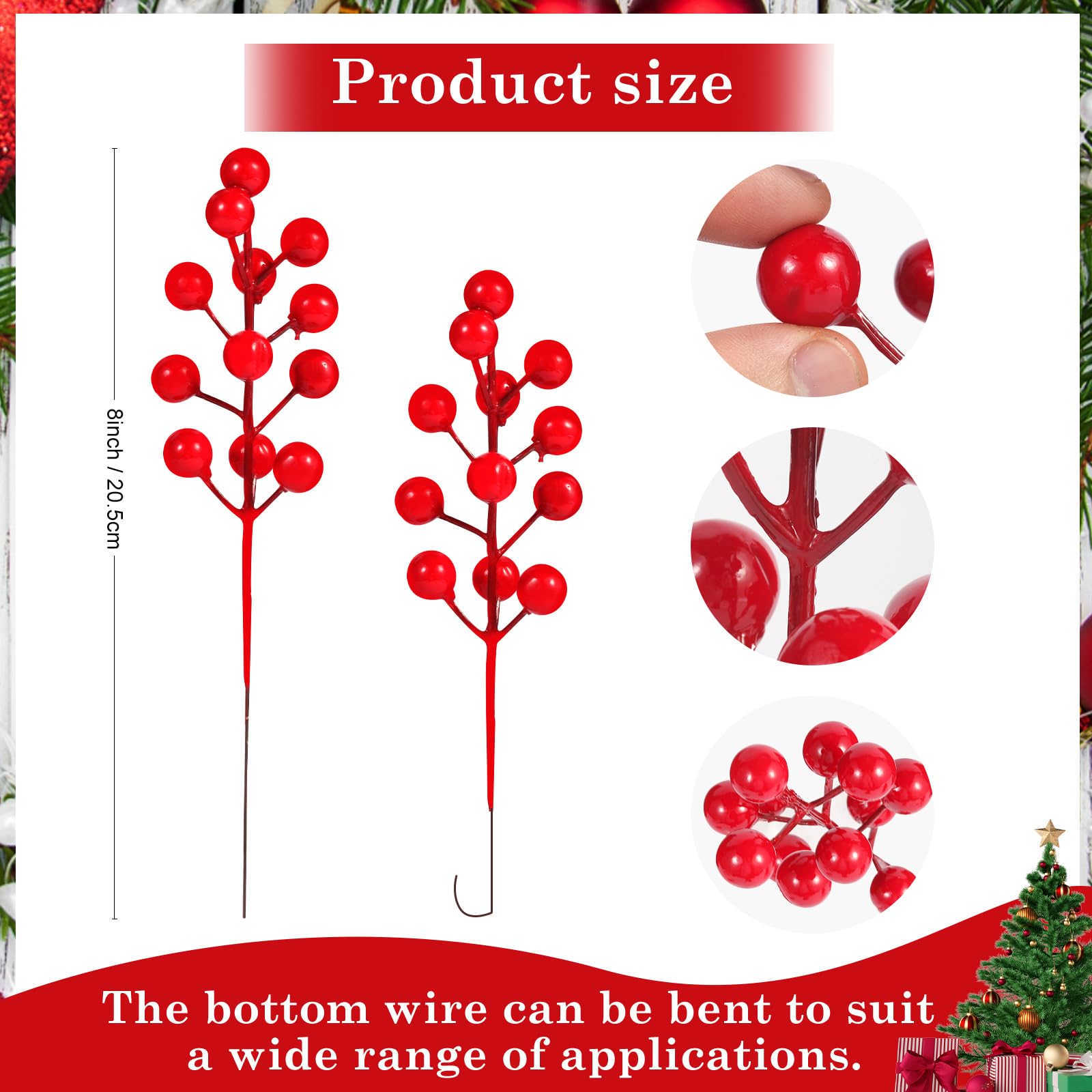 Künstliche rote Beerenstiele für Weihnachten, 20,3 cm, DIY-Weihnachtsbaumschmuck, rote Stechpalmenbeere, Cranberry, Weihnachtsschmuck für Weihnachten, Winter, Urlaub, Basteln, Heimkranz,