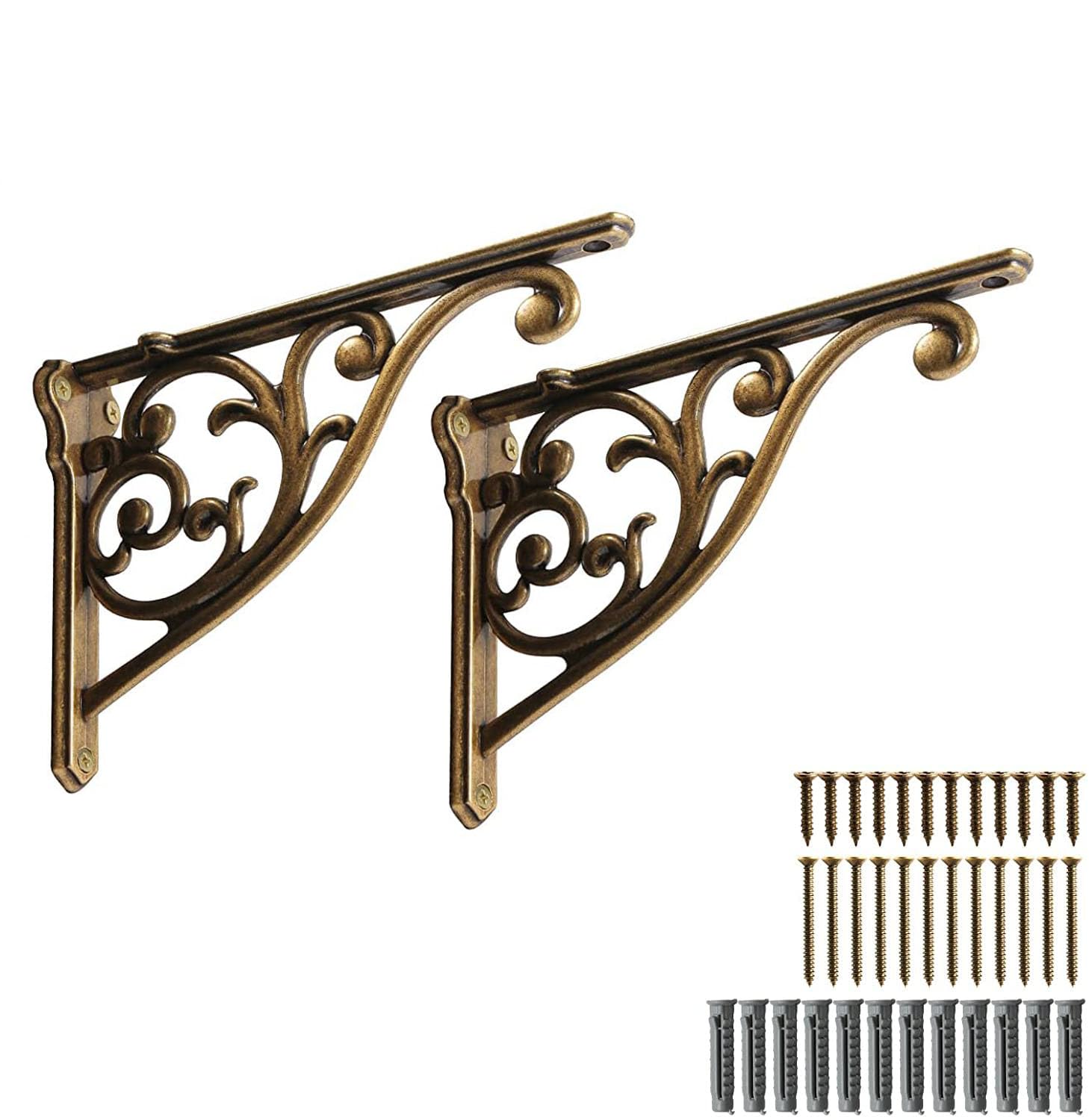 Khtumeware Ornate Decorative Shelf Brackets, 12 inch Big wall Mounted Shelving Bracket, 2 Pack Antique Brass Vintage Metal Heavy Duty Brackets Victoria wall Bracket. — image 1