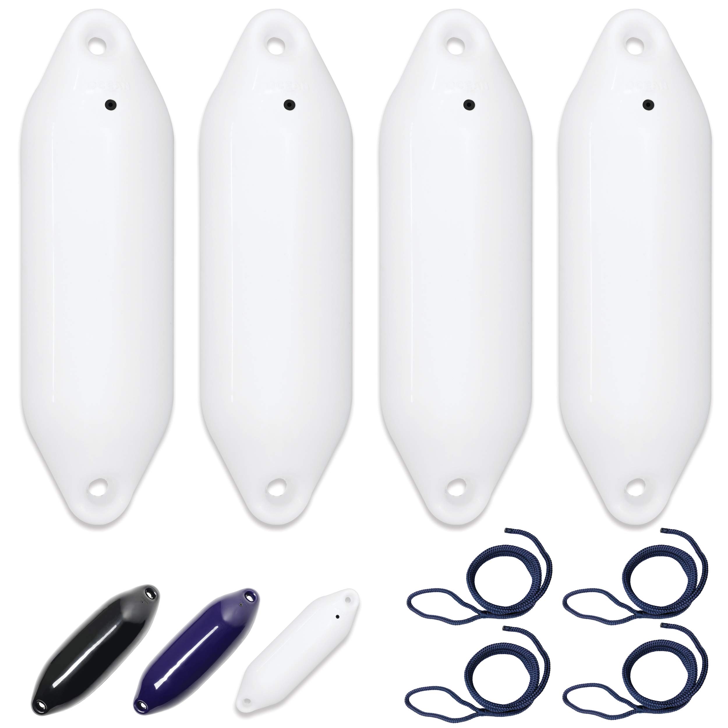 4er Set Fender incl. Fenderleinen | U-Serie | Verschiedene Größen und Farben | blau, schwarz, weiß | 33, 40, 50, 56, 64, 76 cm Länge | Boot & Yacht Stegfender, Langfender