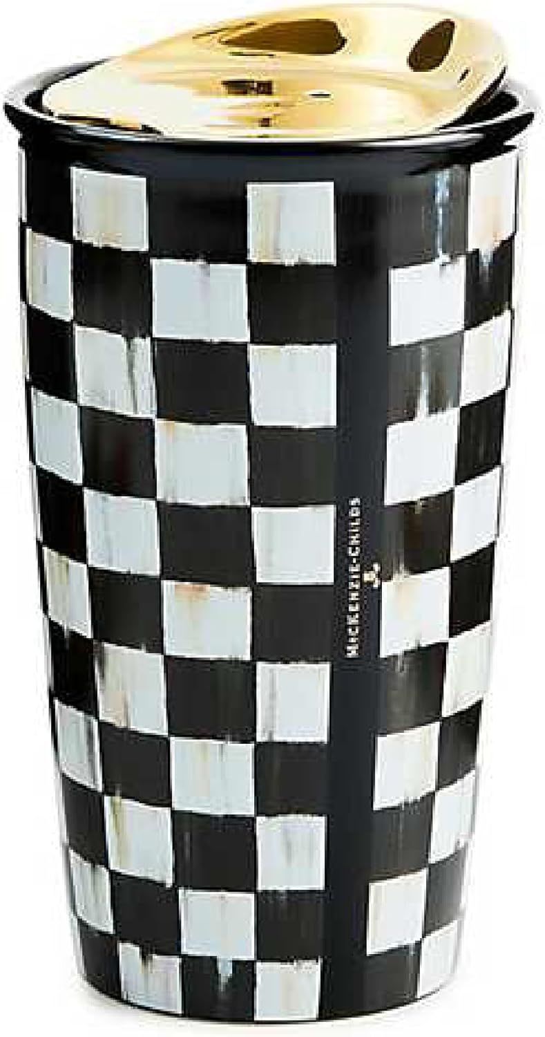 MACKENZIE-CHILDS Ceramic Travel Cup, Tumbler with Lid, 12-Ounce Capacity, Pink-and-White Rosy Check