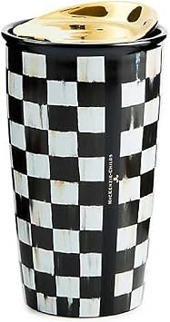 MACKENZIE-CHILDS Ceramic Travel Cup, Cute Tumbler Cup with Lid, 12 Ounces, Black-and-White Courtly Check